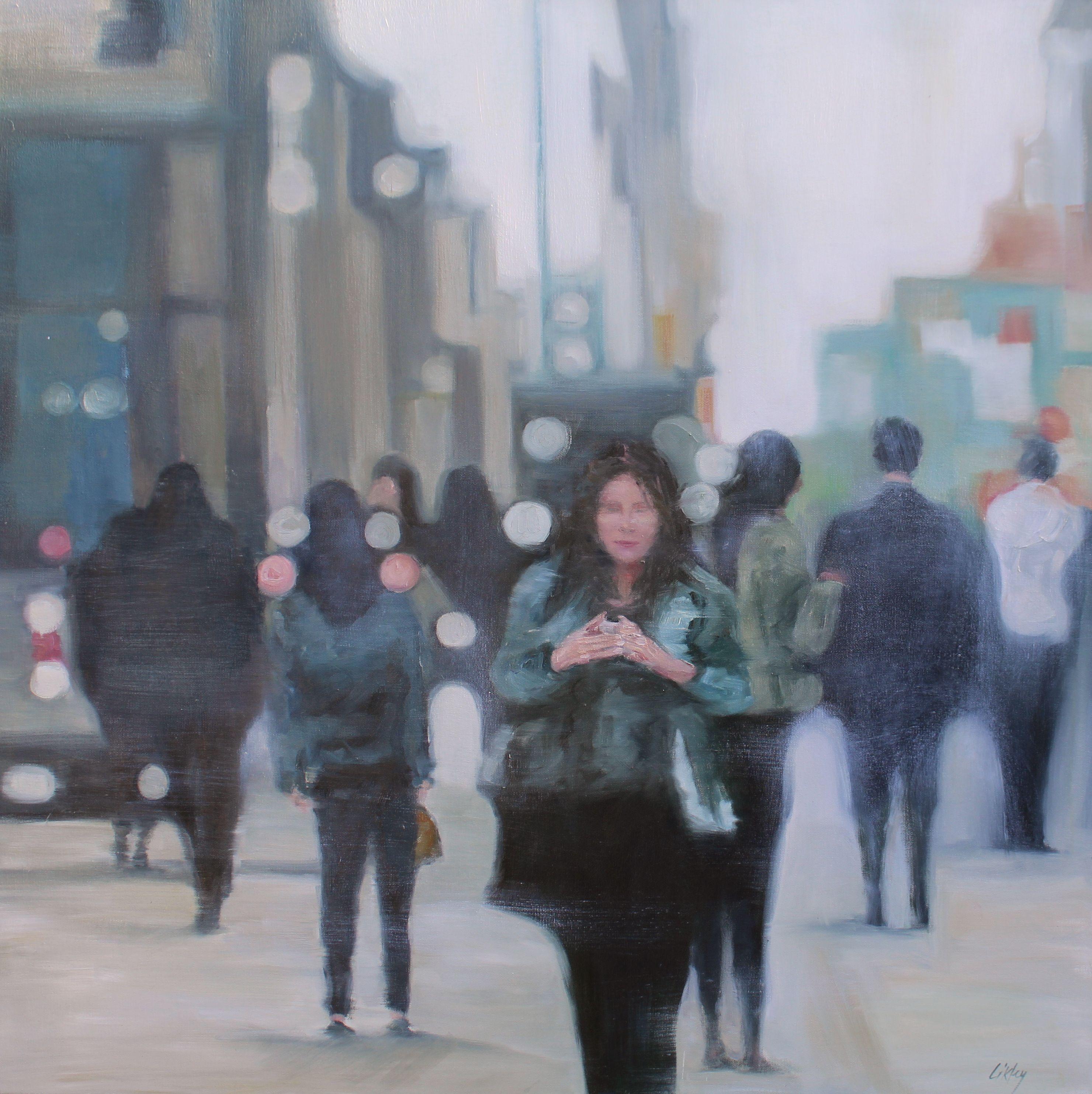 As she walks away from the crowd on her own she seems intent and focused on the task at hand. The painting is soft and blurred to add to the  feeling of peace and serene that is felt even in the busyness of the day. :: Painting :: Expressionism ::