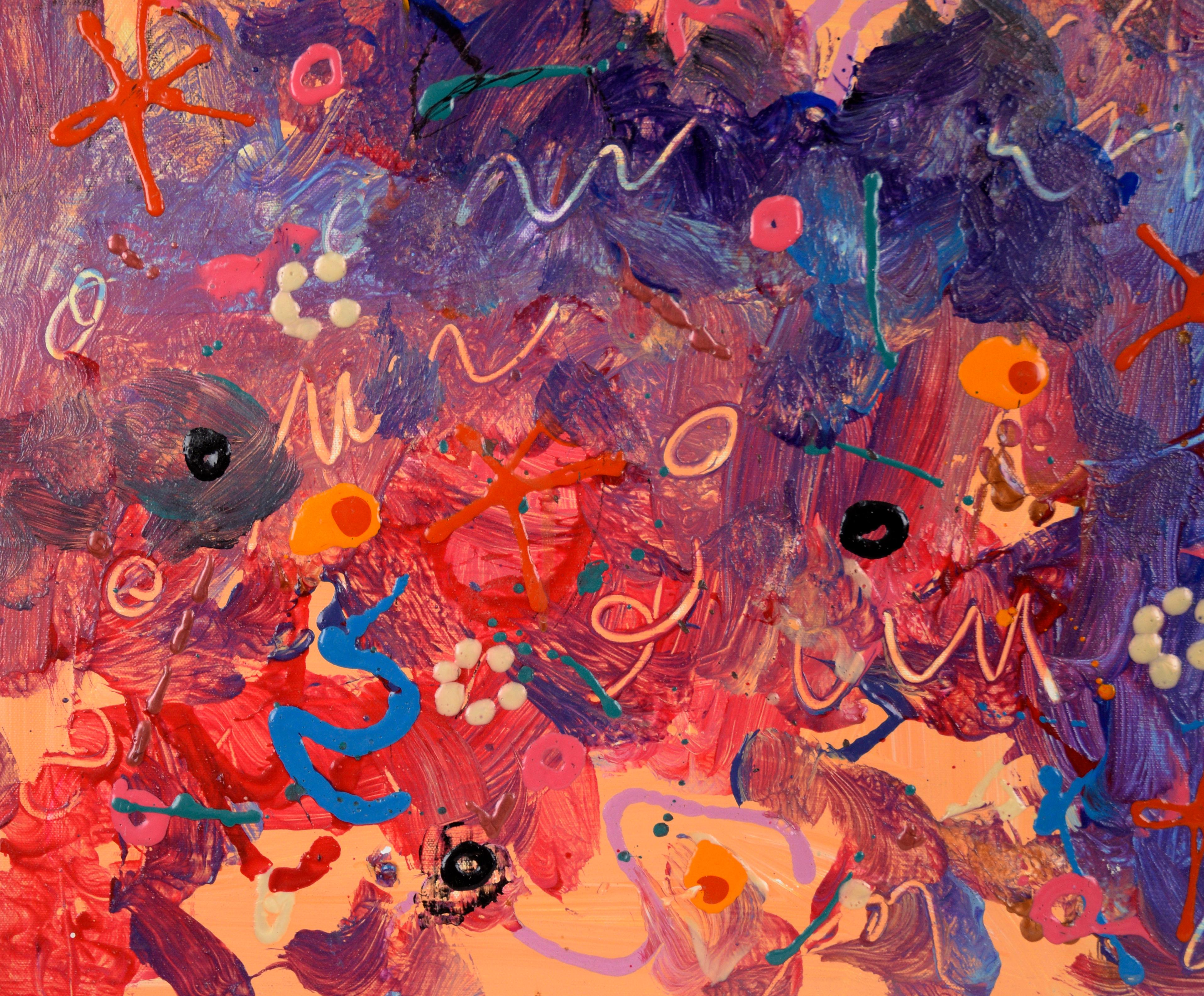 „Cosmic Enzymes on the Loose“ Abstrakt-expressionistische Komposition aus Acryl

Helle und dynamische abstrakte Komposition der kalifornischen Künstlerin Debby Beck (Amerikanerin, geb. 1948). Ein Feld aus Pfirsich, Magenta und Blau bildet den