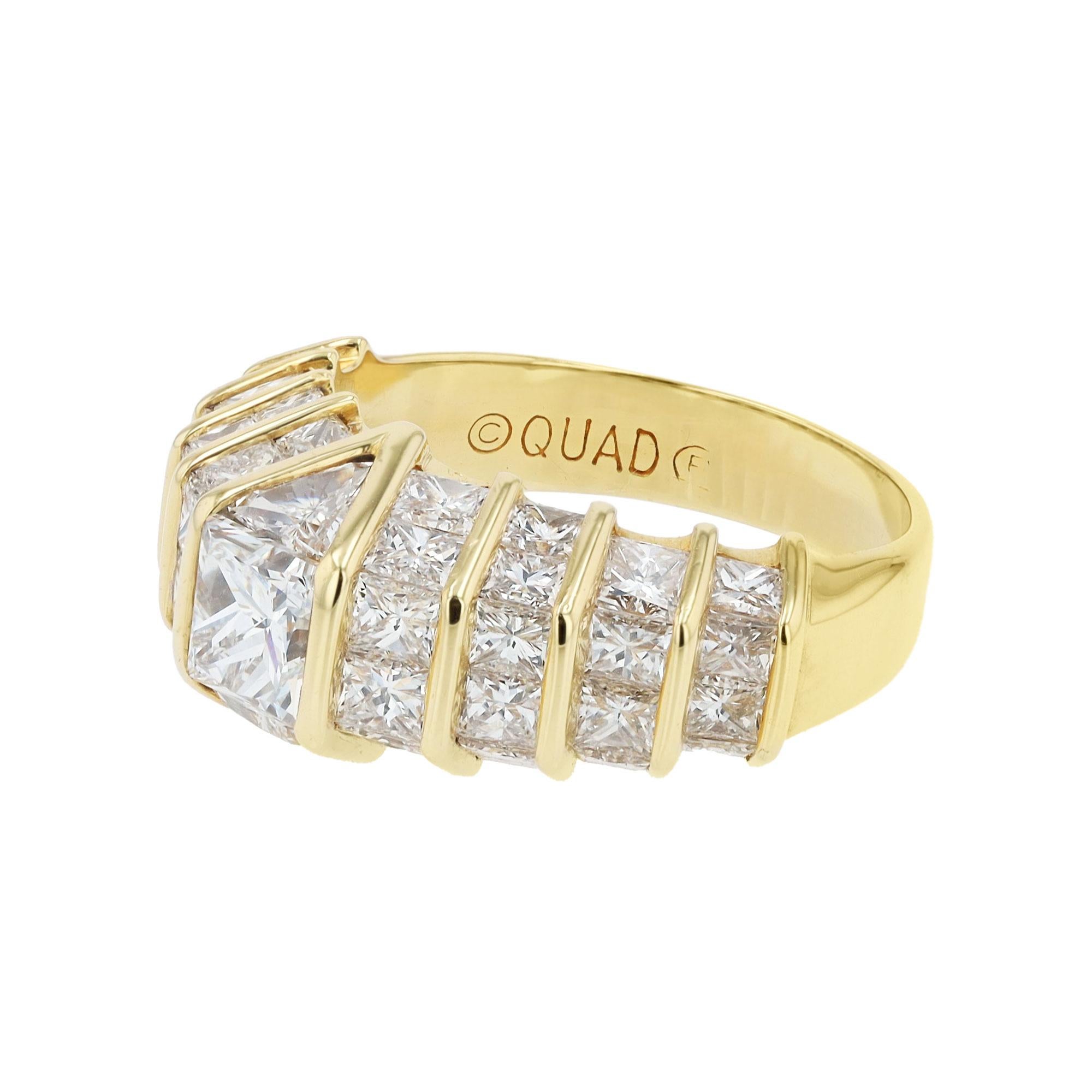 A unique contemporary estate ring, the staircase design holds a well matched assemblage of 43 natural diamonds, in a lesser seen quadrillion cut, with phenomenal color and clarity. The Quadrillion diamond is a square brilliant gemstone. It is always