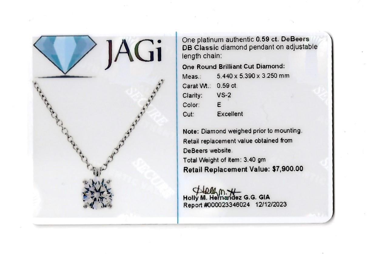 DeBeers DB Classic .59 Carat Round Diamond Solitaire Platinum Pendant Necklace For Sale 4