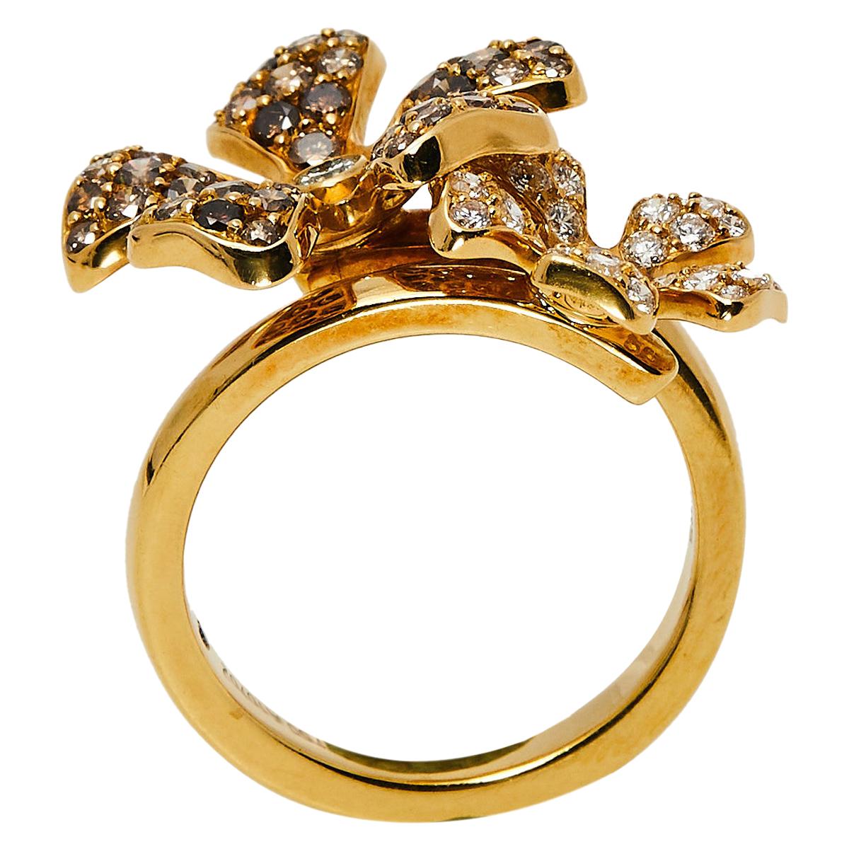 DeBeers Wildflower Diamond 18K Yellow Gold Double Flower Ring Size 54