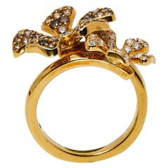 DeBeers Wildflower Diamond 18K Yellow Gold Double Flower Ring Size 54