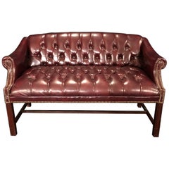 Vintage Debonair British Chesterfield Burgundy Leather Bench Loveseat