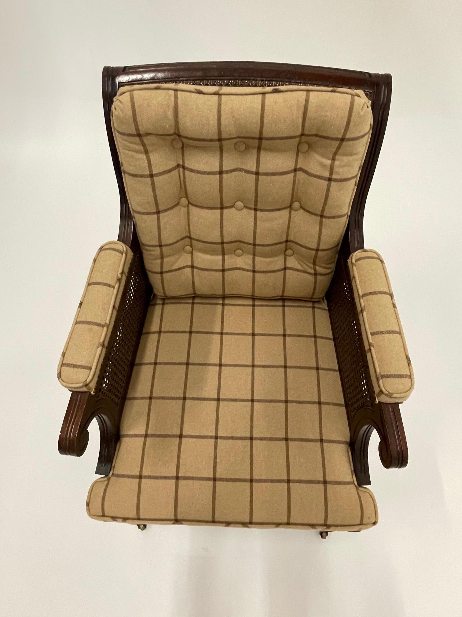 North American Debonair Mahogany Club Chair by Baker with Camel & Brown Plaid Upholstery