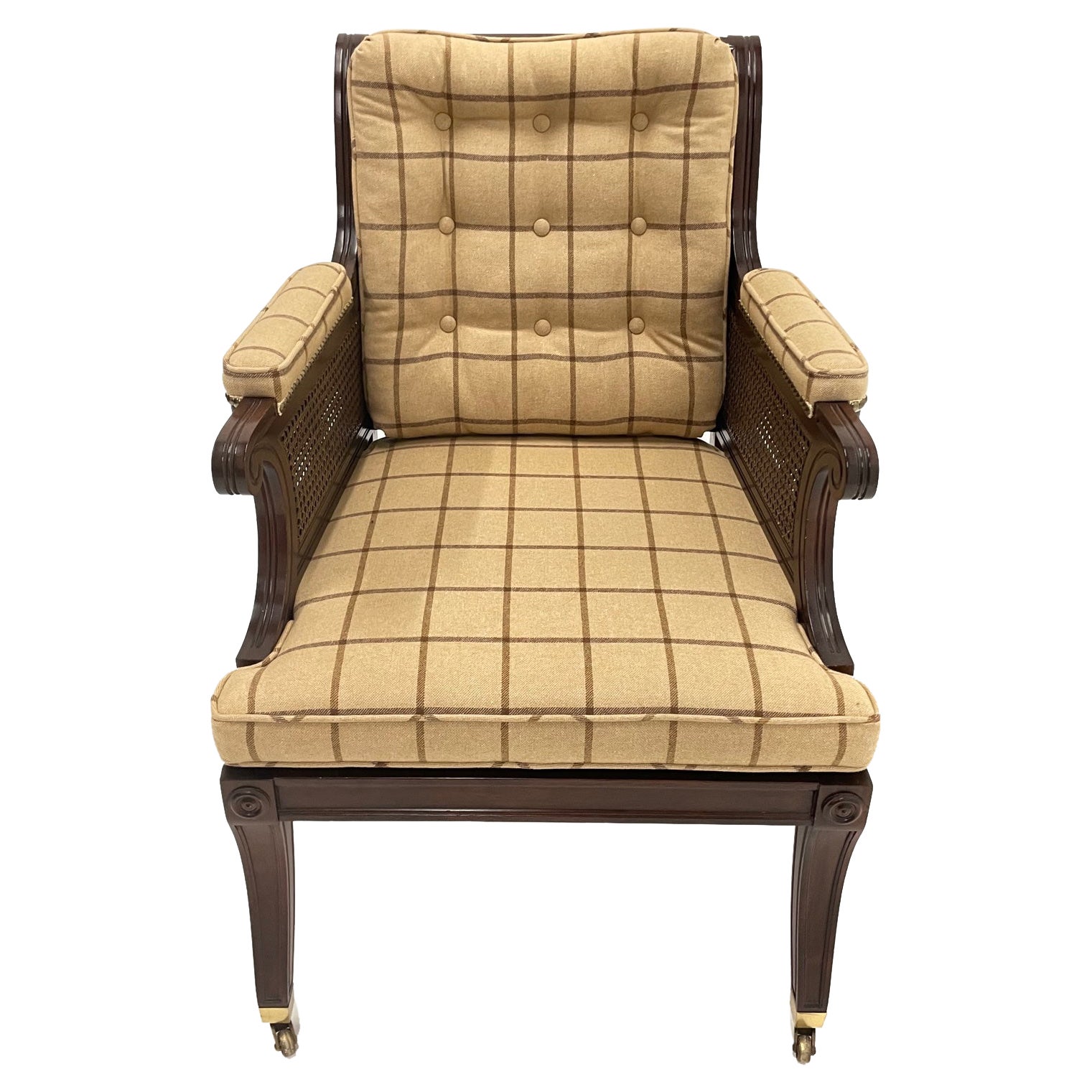 Debonair Mahogany Club Chair by Baker with Camel 
Brown Plaid Upholstery