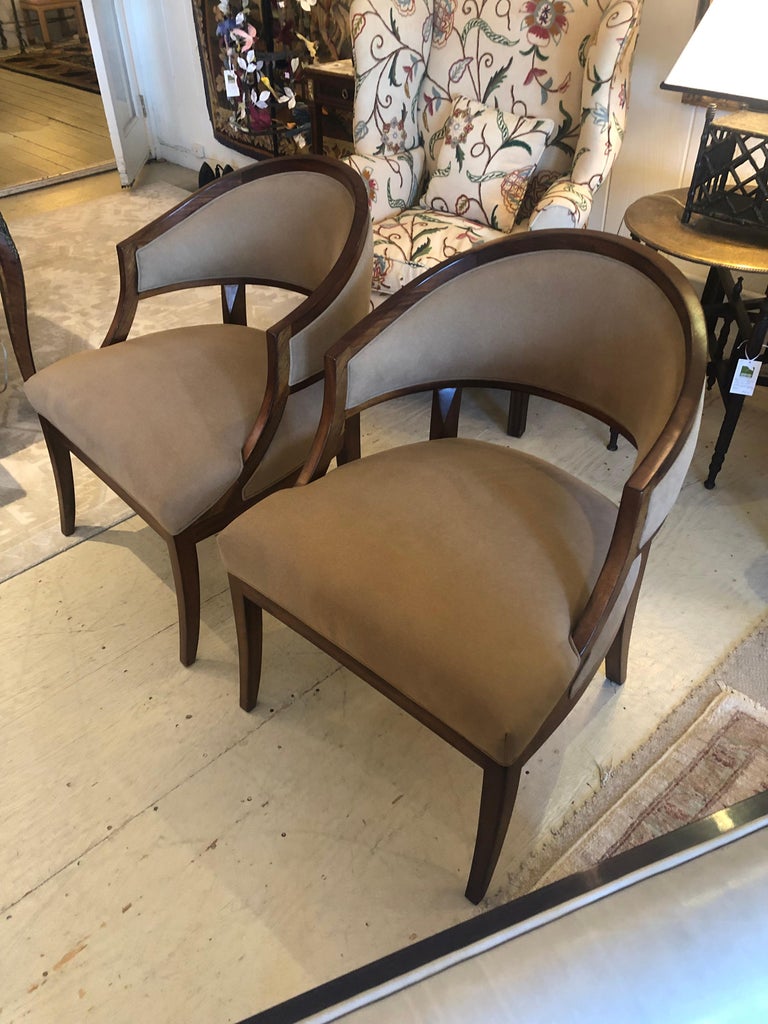 Late 20th Century Debonair Pair of Faux Suede or Camelhair Club Chairs For Sale