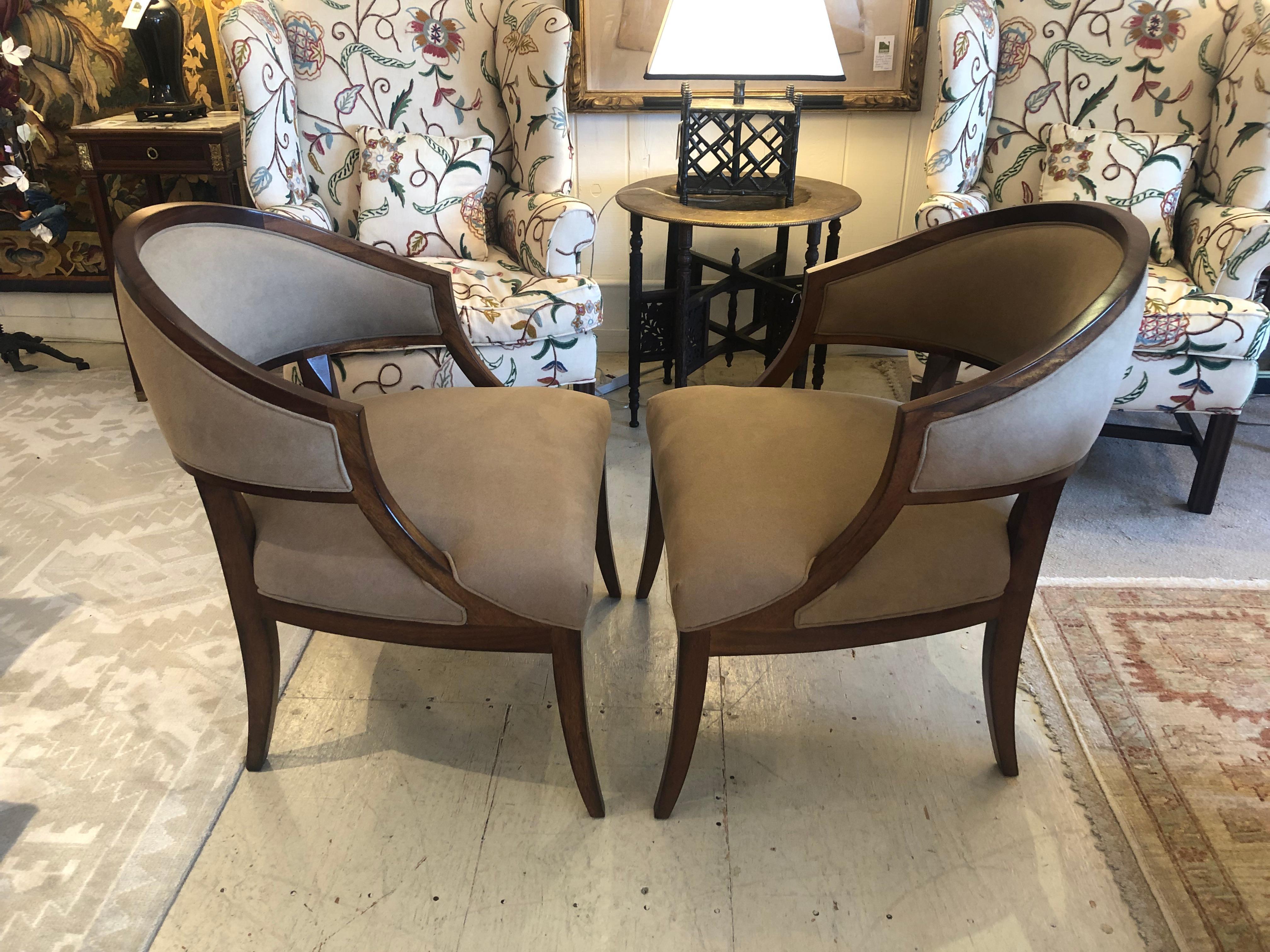 Upholstery Debonair Pair of Faux Suede or Camelhair Club Chairs