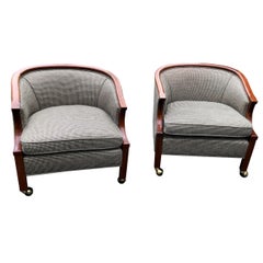 Debonair Pair of John Stuart Midcentury Glen Plaid and Mahogany Club Chairs