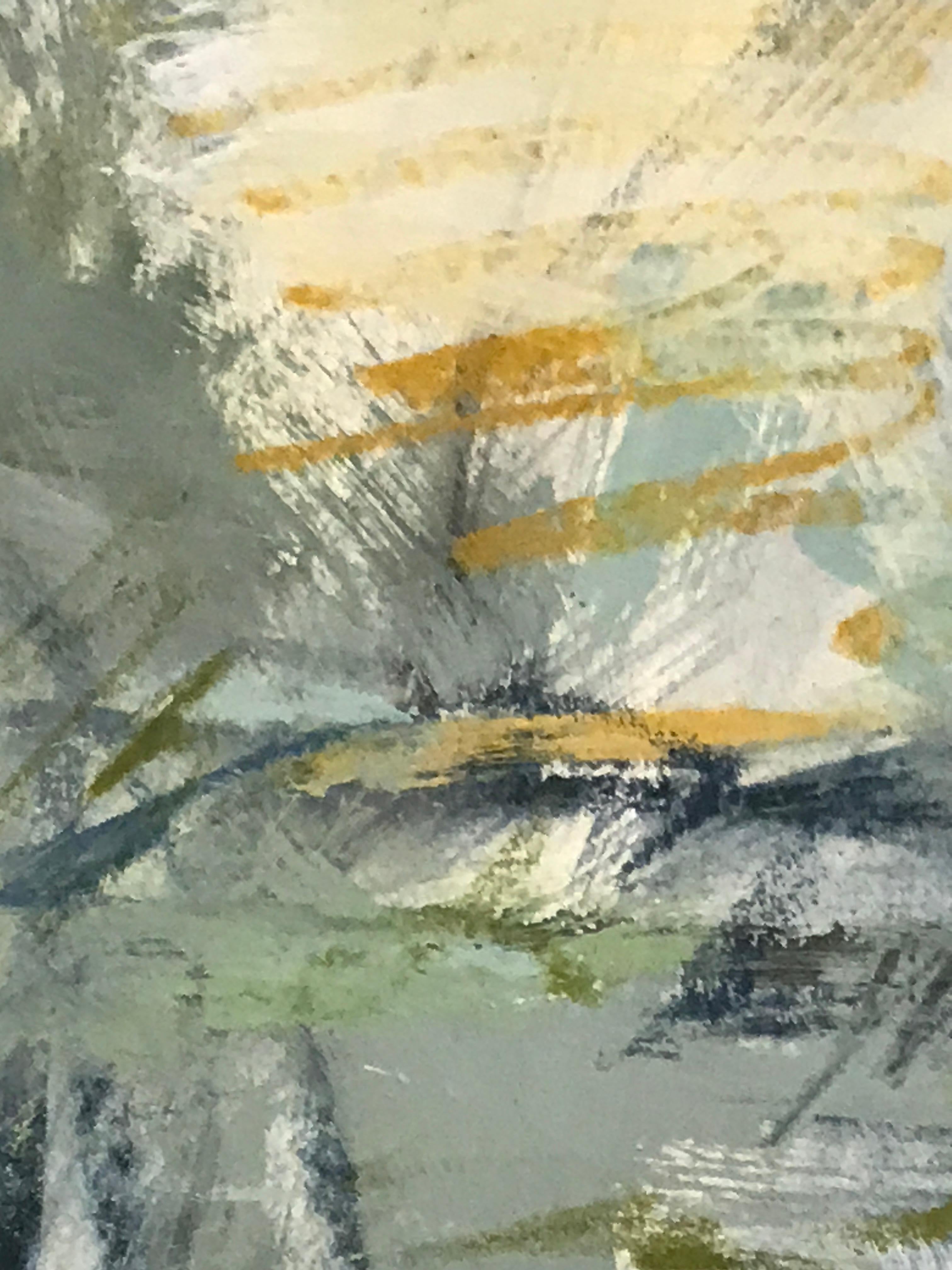 'Bayside I' is a horizontal abstract acrylic, graphite and charcoal media on paper created by American artist Debora Stewart in 2018. Featuring a rich palette mostly made of blue, black, green, grey and white colors the piece radiates a subtle aura