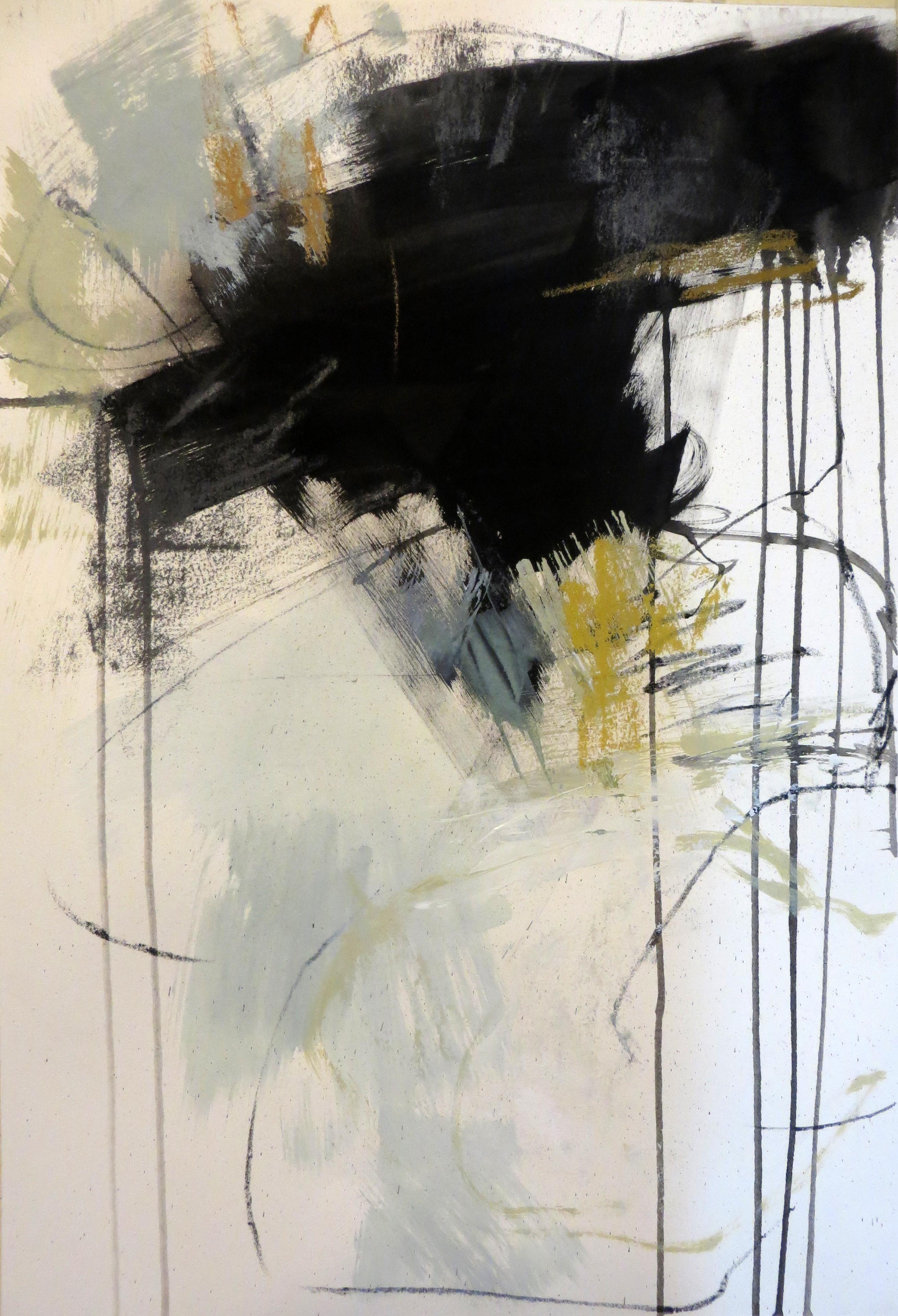 Debora Stewart Abstract Drawing - Black and White 1, Petite Vertical Botanical Abstract on Paper