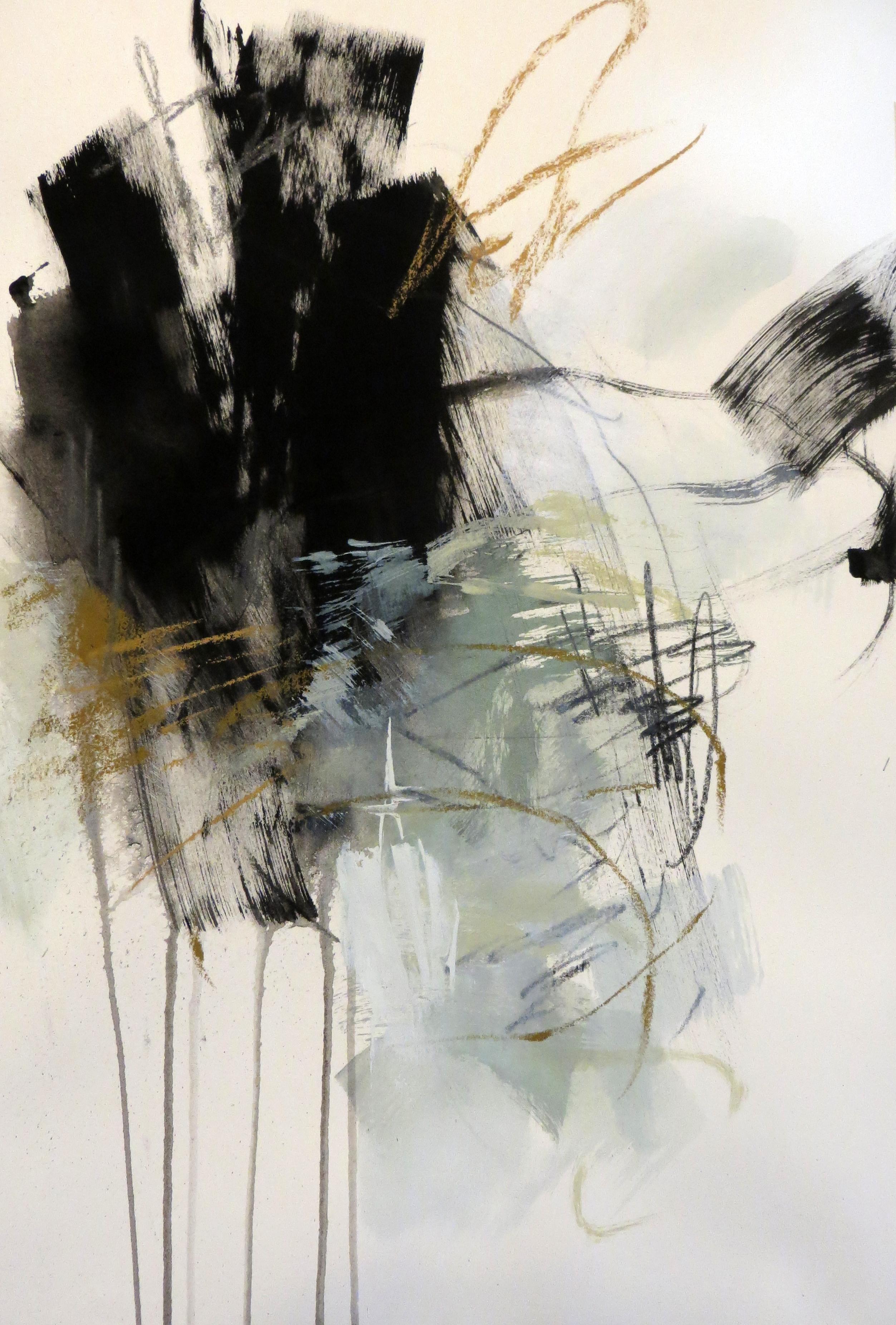 Debora Stewart Abstract Drawing - Black and White 2, Petite Vertical Botanical Abstract on Paper