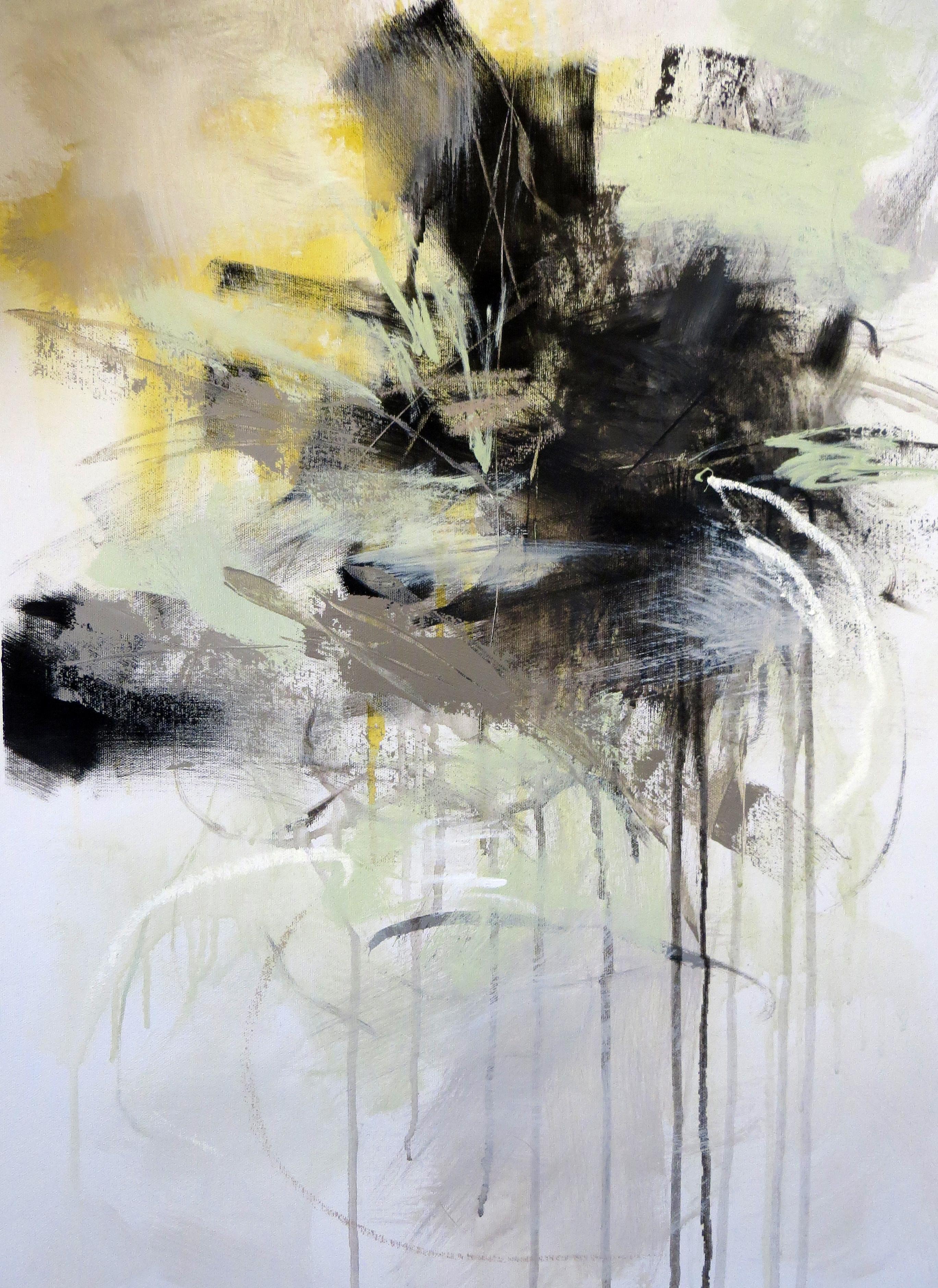'Black and White 6' ist ein mittelgroßes botanisches abstraktes Gemälde in Acryl auf Leinwand, das die amerikanische Künstlerin Debora Stewart im Jahr 2019 geschaffen hat. Mit einer Palette aus Weiß, Schwarz, Grau, Gelb und zartem Grün ist das