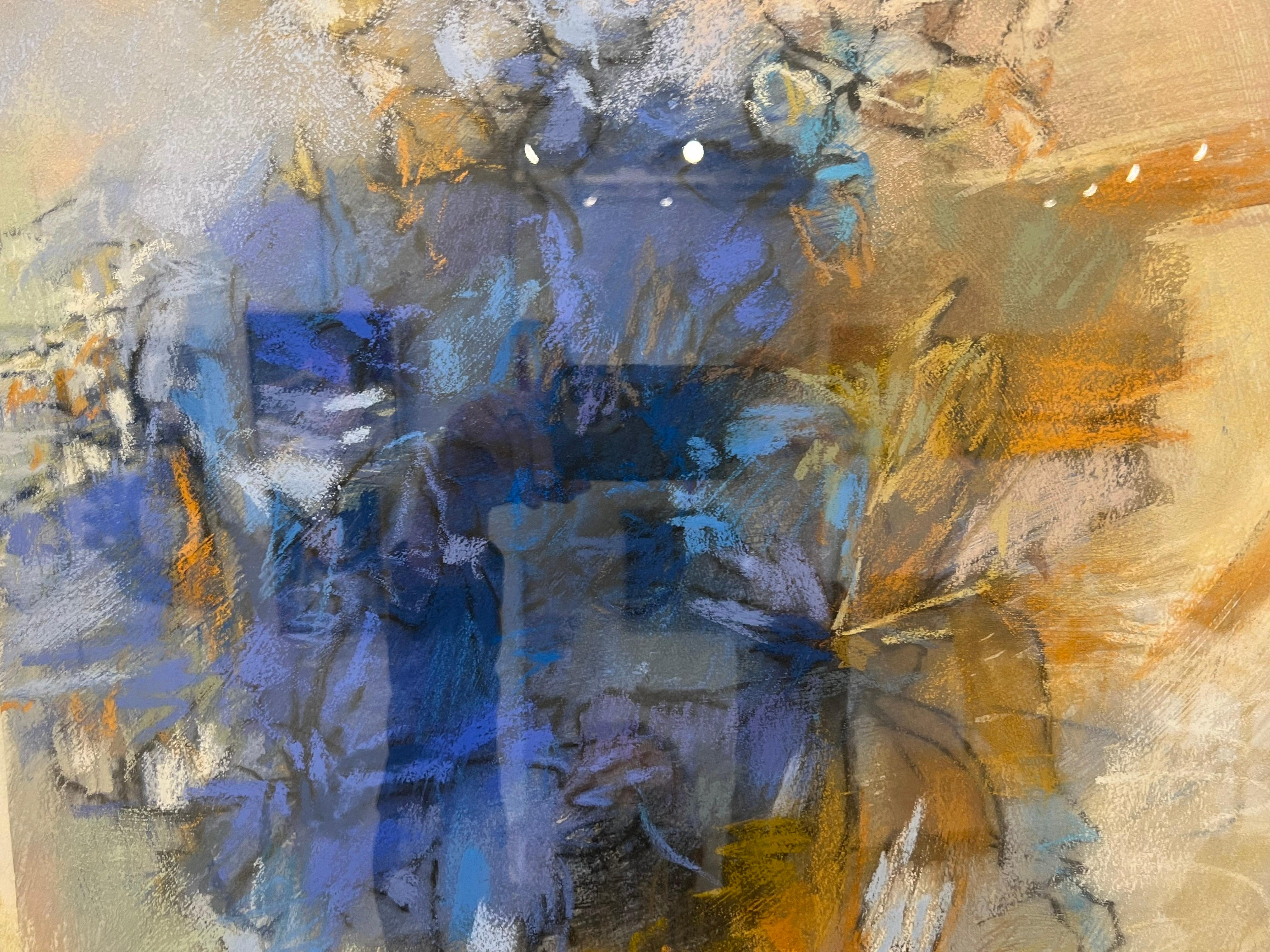 Blue Solitude by Debora Stewart, Framed Pastel on Paper Abstract Botanical 1