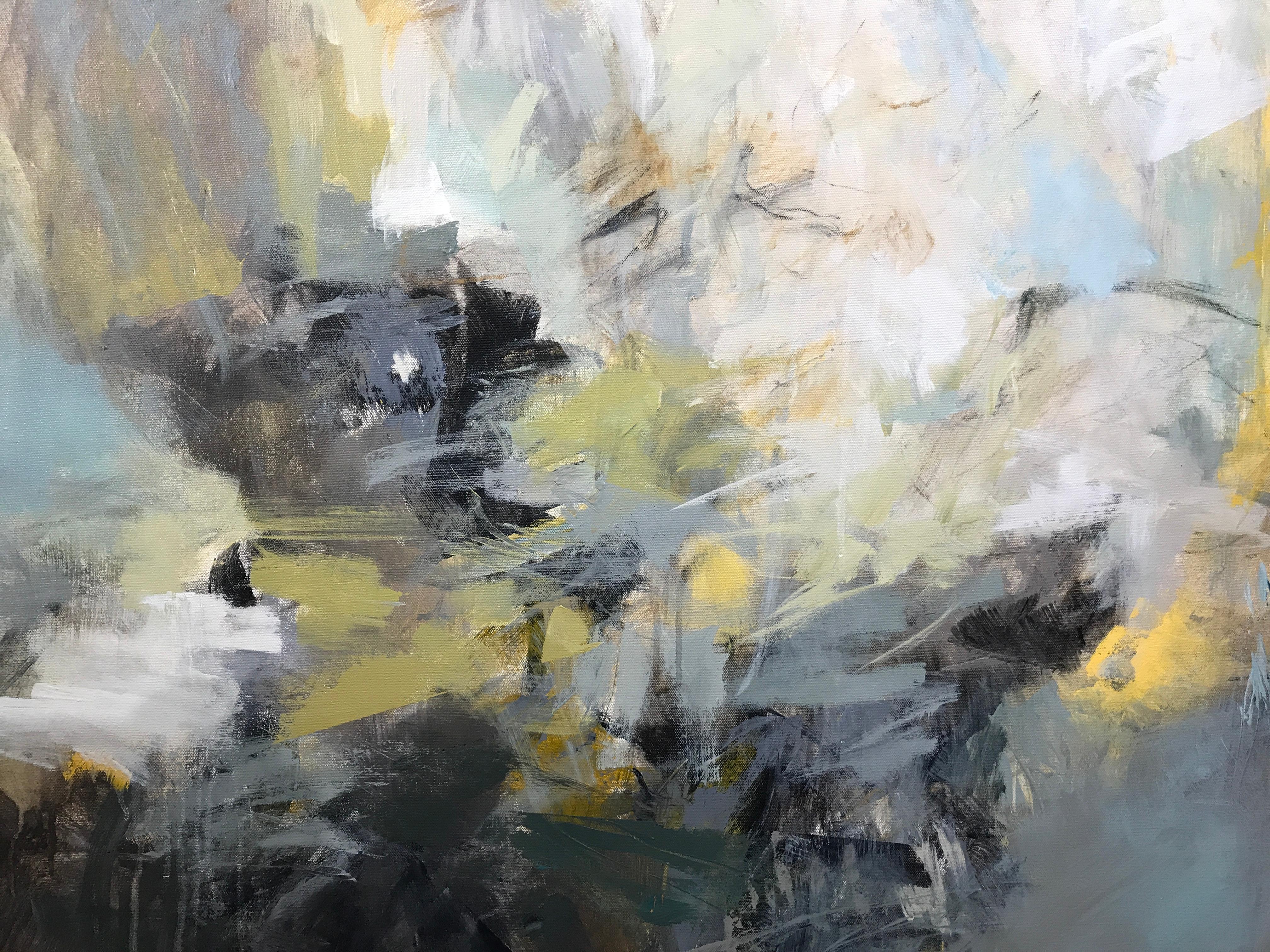 'Excavation' is a horizontal abstract acrylic on canvas painting created by American artist Debora Stewart in 2018. Featuring a palette made of gold, black, grey, white and light blue tones, this unframed abstract painting captures our attention