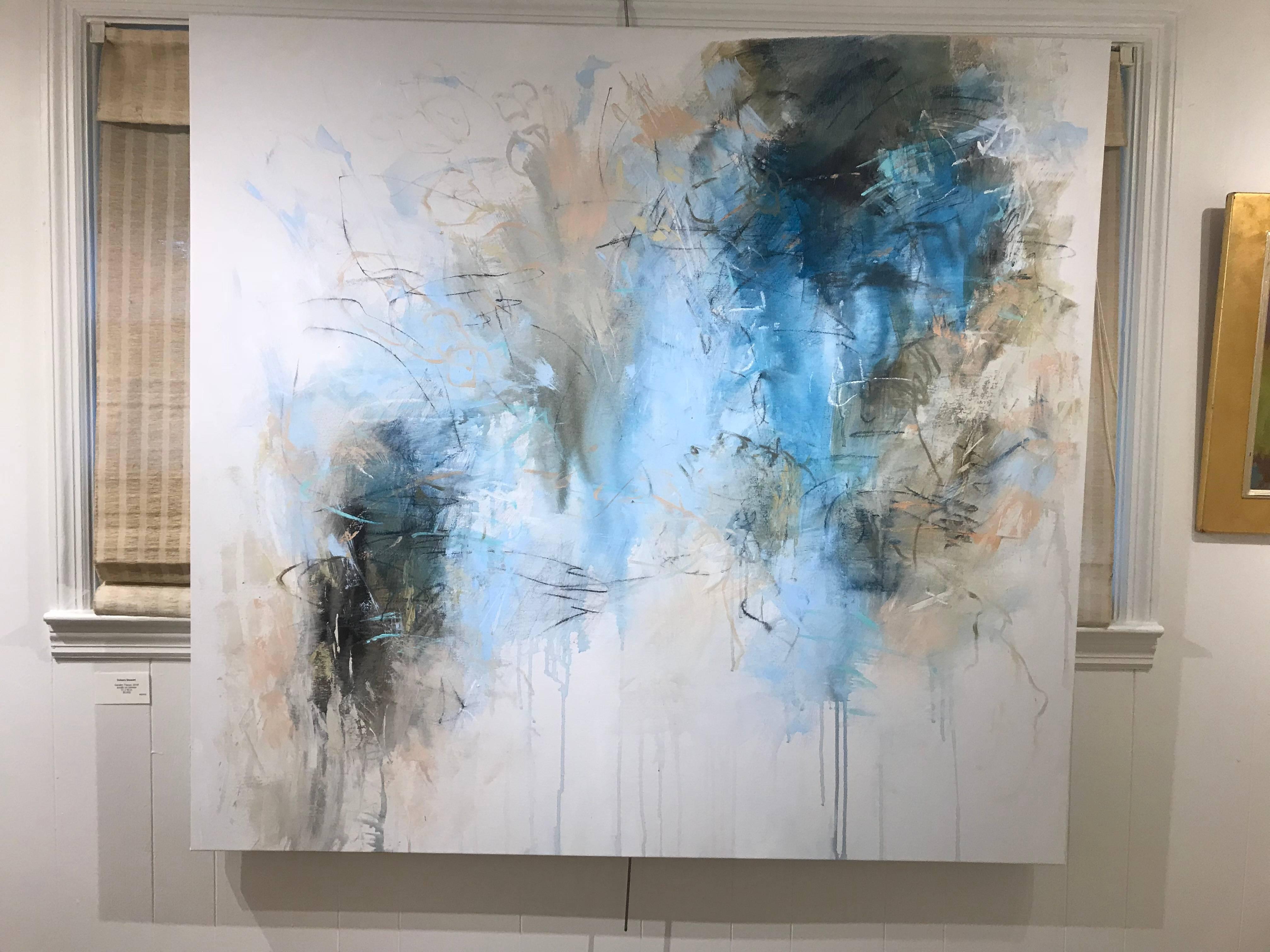 'Garden Traces' is a large abstract acrylic on canvas painting created by American artist Debora Stewart in 2018. Painted in a nearly square format, the piece showcases an exquisite arrangement of blue, back and golden tones, playing beautifully