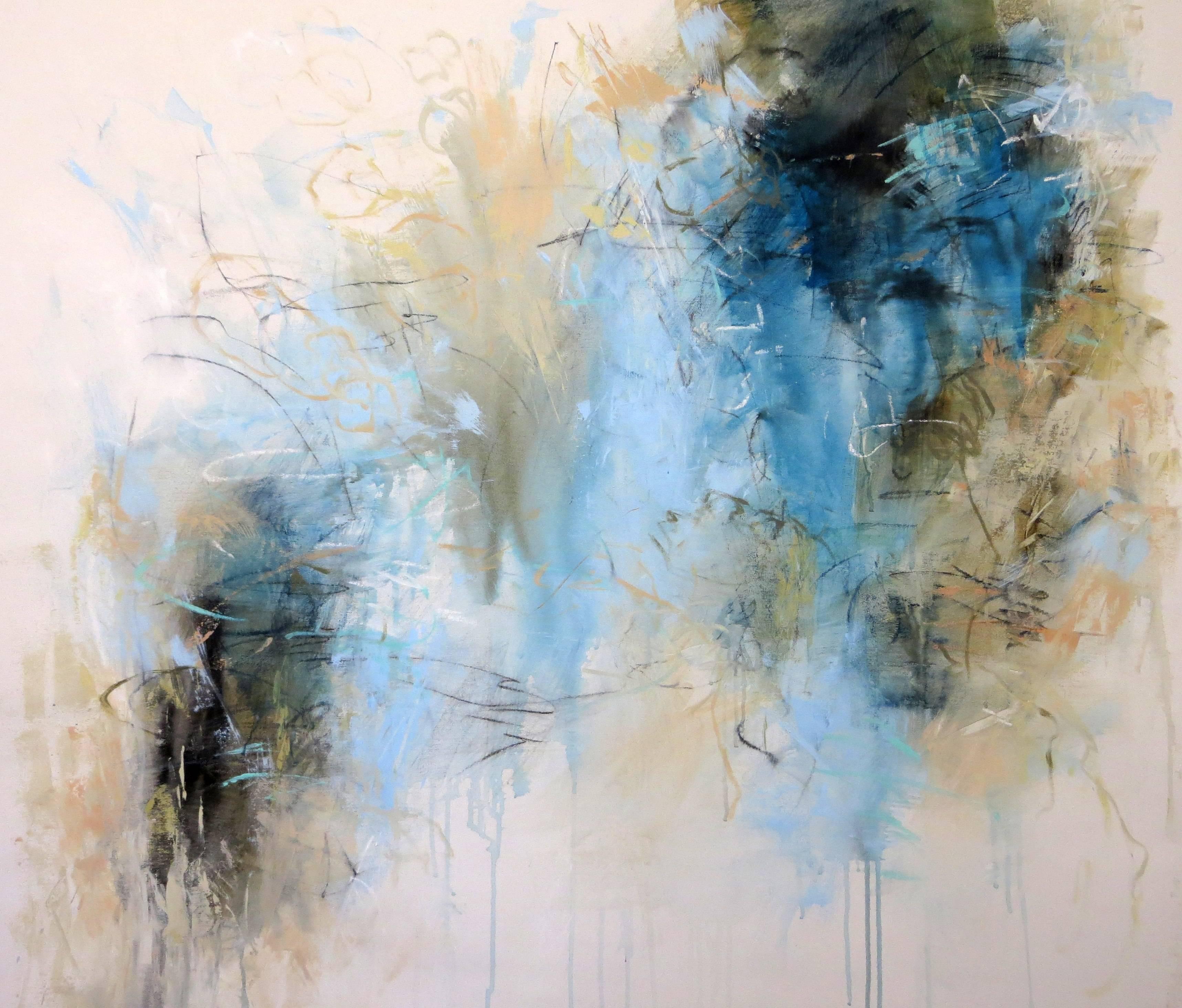 Debora Stewart Abstract Painting - Garden Traces, Blue, Large Gestural Abstract Acrylic on Canvas Painting