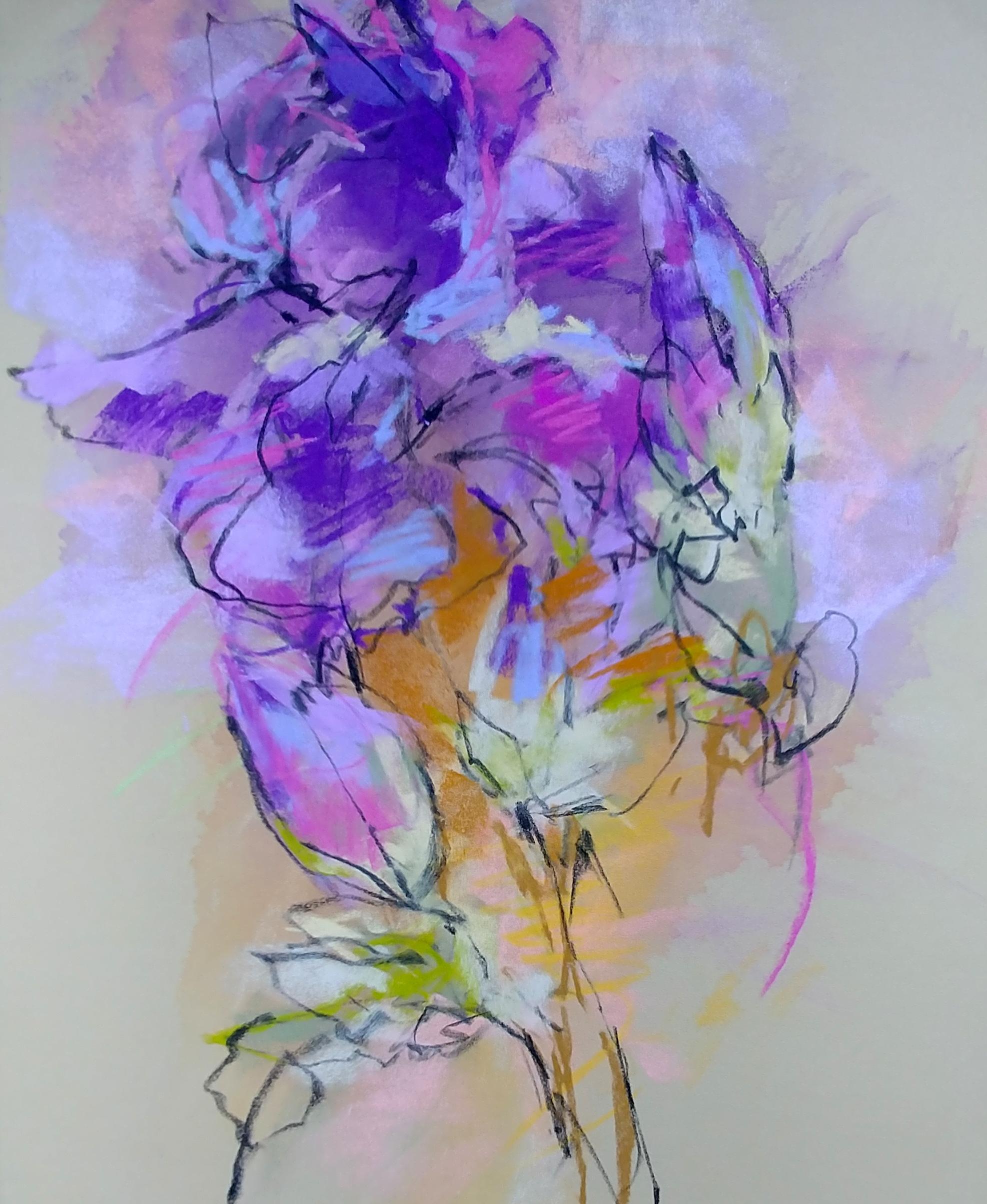 'Monet's Irises I' is a small abstract pastel and mixed media on paper still-life painting of vertical format created by American artist Debora Stewart in 2019. Featuring a vibrant palette made of purple, violet, green and pink tones, this framed