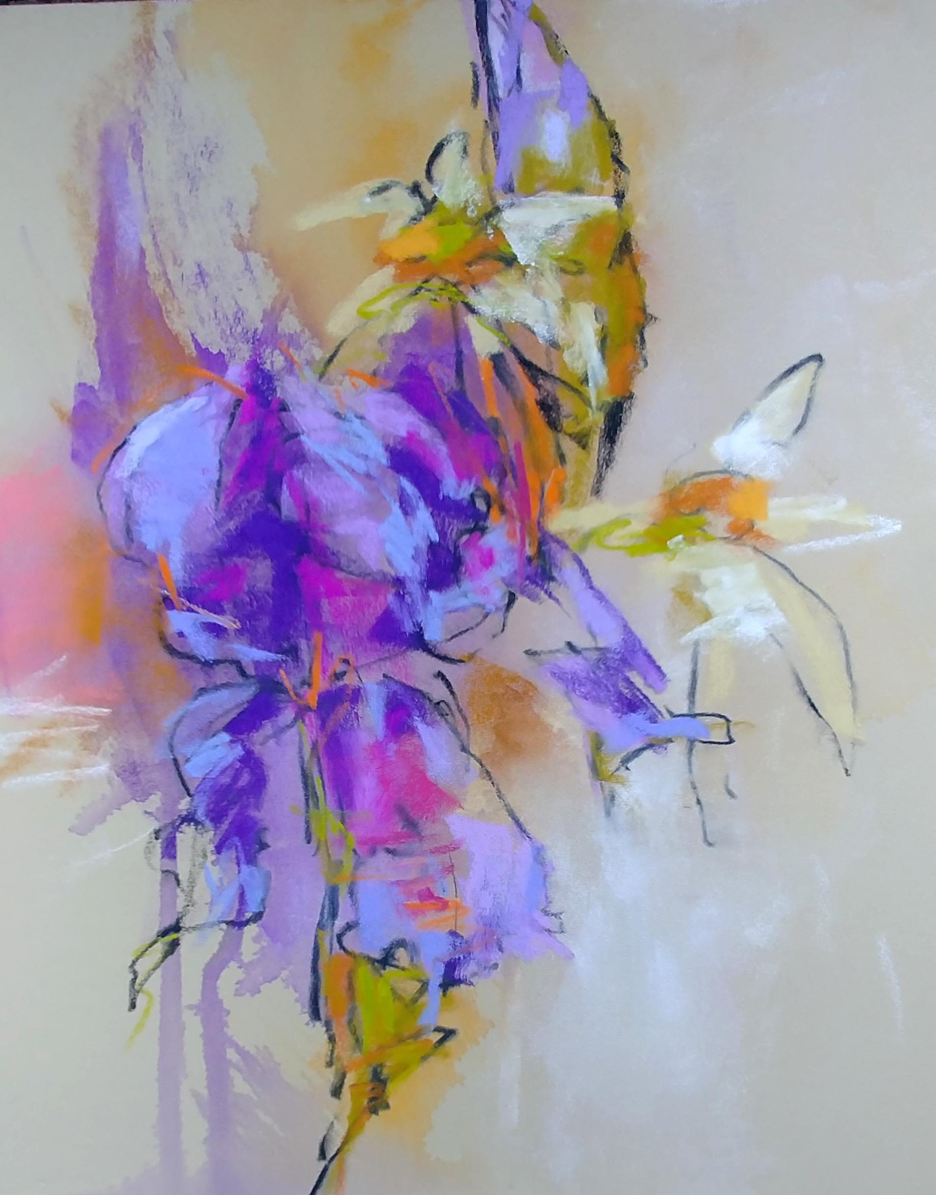 'Monet's Irises II' is a small abstract pastel and mixed media on paper still-life painting of vertical format created by American artist Debora Stewart in 2019. Featuring a vibrant palette made of purple, violet, green, orange and pink tones, this