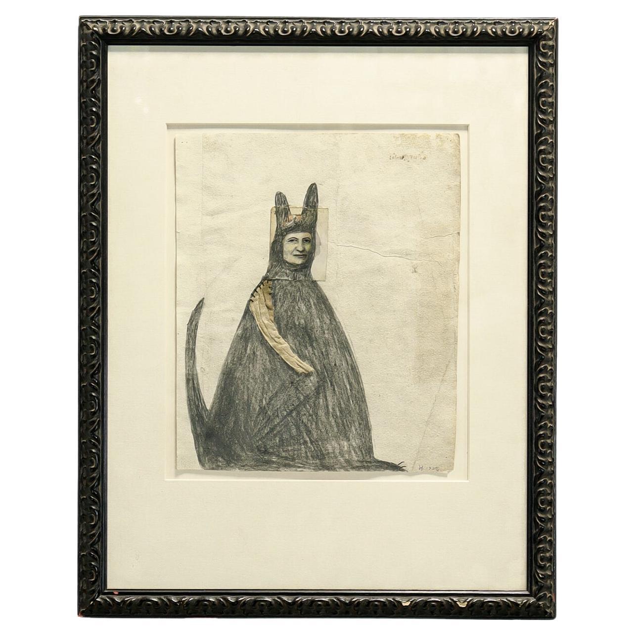 Deborah Barrett "Woman in Animal Suit" Graphite Mixed Media on Paper / Collage