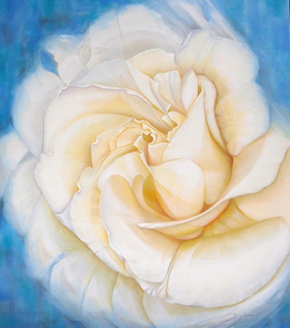 La plupart des peintures de Deborah se concentrent sur une seule fleur, de grande taille, si éblouissante qu'elle commande l'espace.
de l'auditoire. Avec beaucoup d'affection, elle prend soin de capturer chaque détail de leur texture et de leur