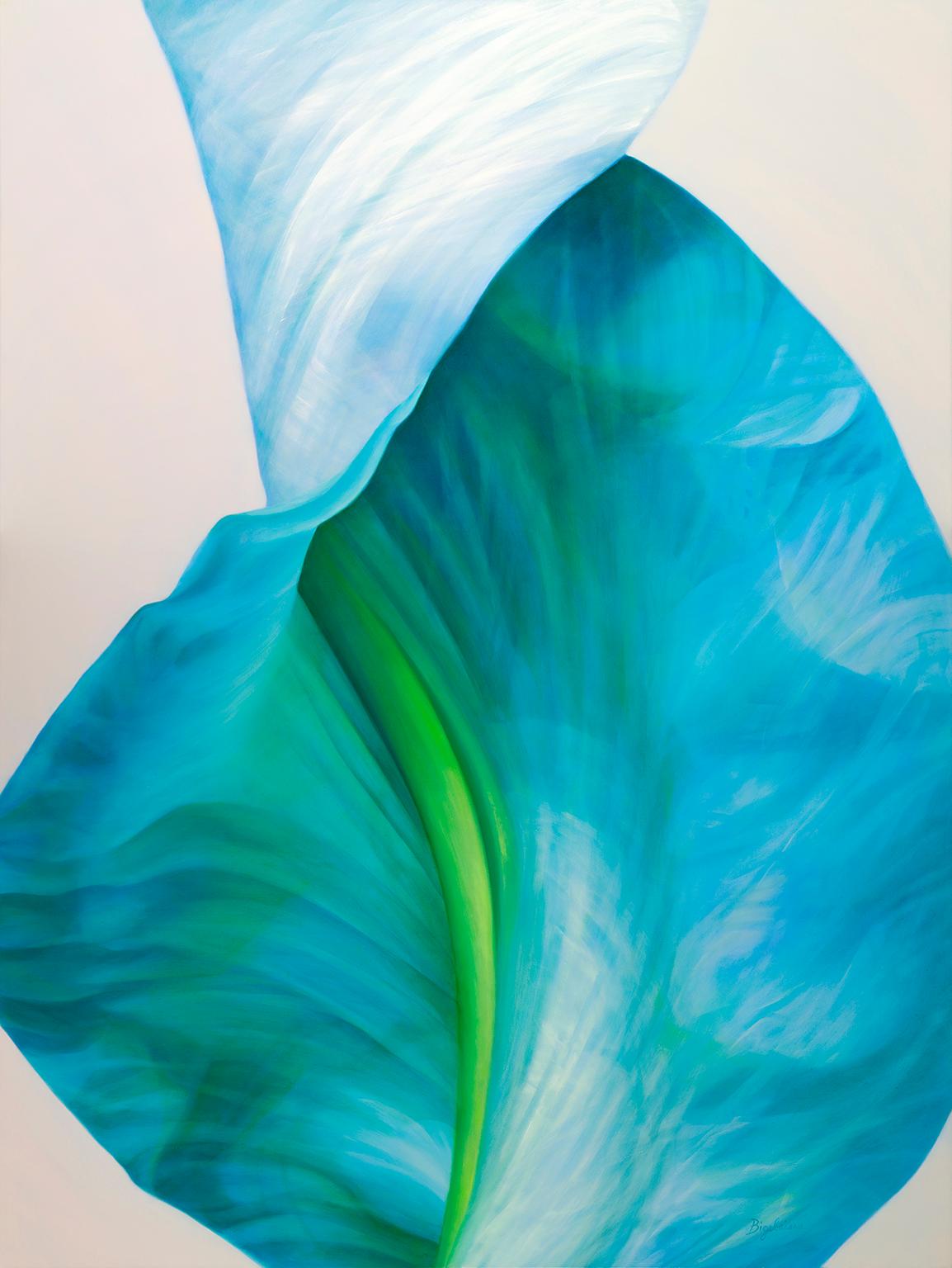 Untitled 28-turquoise/blue leaf 60 X 40 - Painting by Deborah Bigeleisen