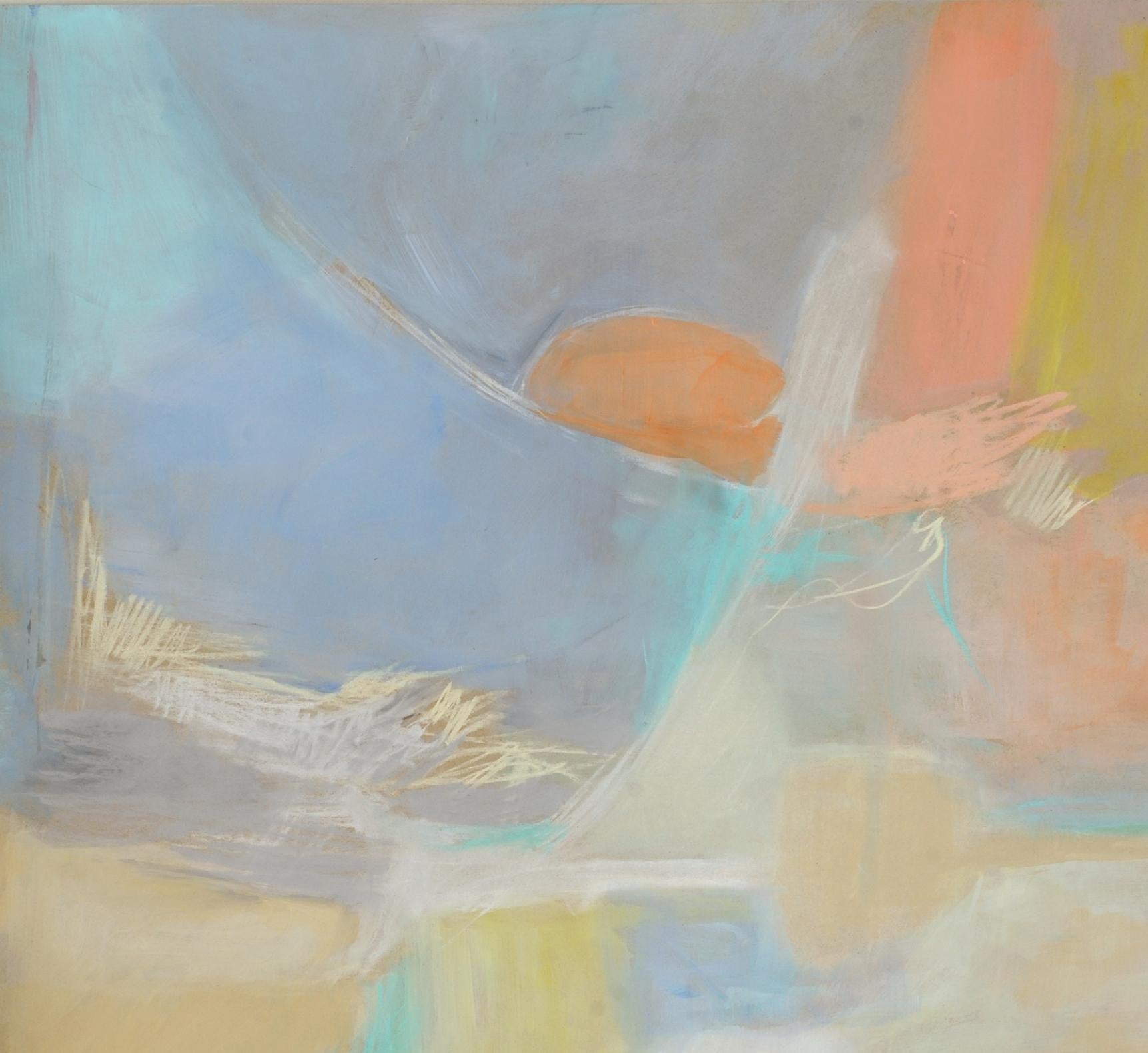 This original painting on paper by Deborah Brisker Burke is signed on the back by the artist. It is unframed. The abstract composition has shades of grey, blue, orange, yellow and pink through out the piece.   

Debbie Brisker Burk's process begins