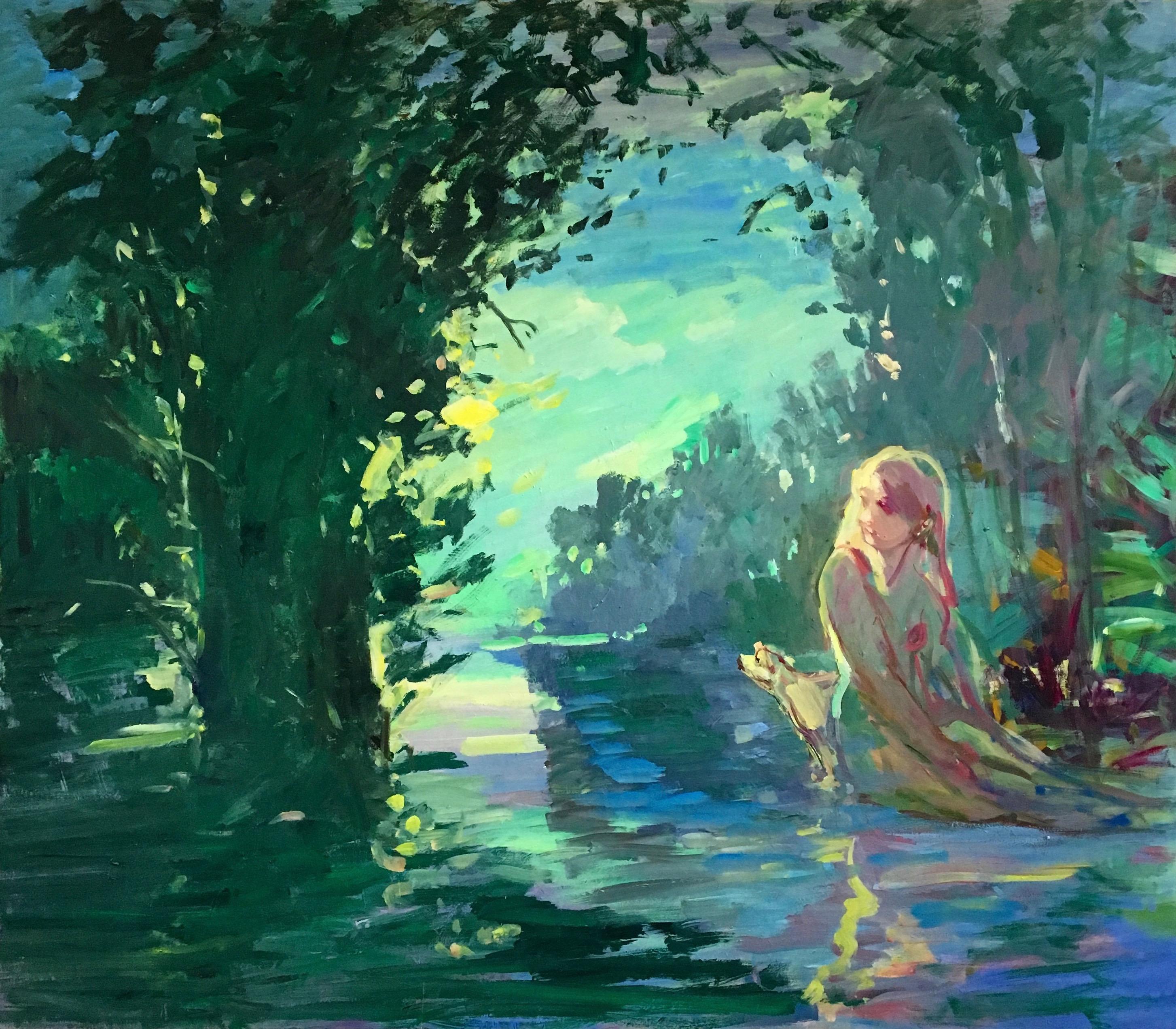 Deborah Brown Nude Painting - "Danae and Zeus" Neo-expressionist oil on canvas nude woman and dog.