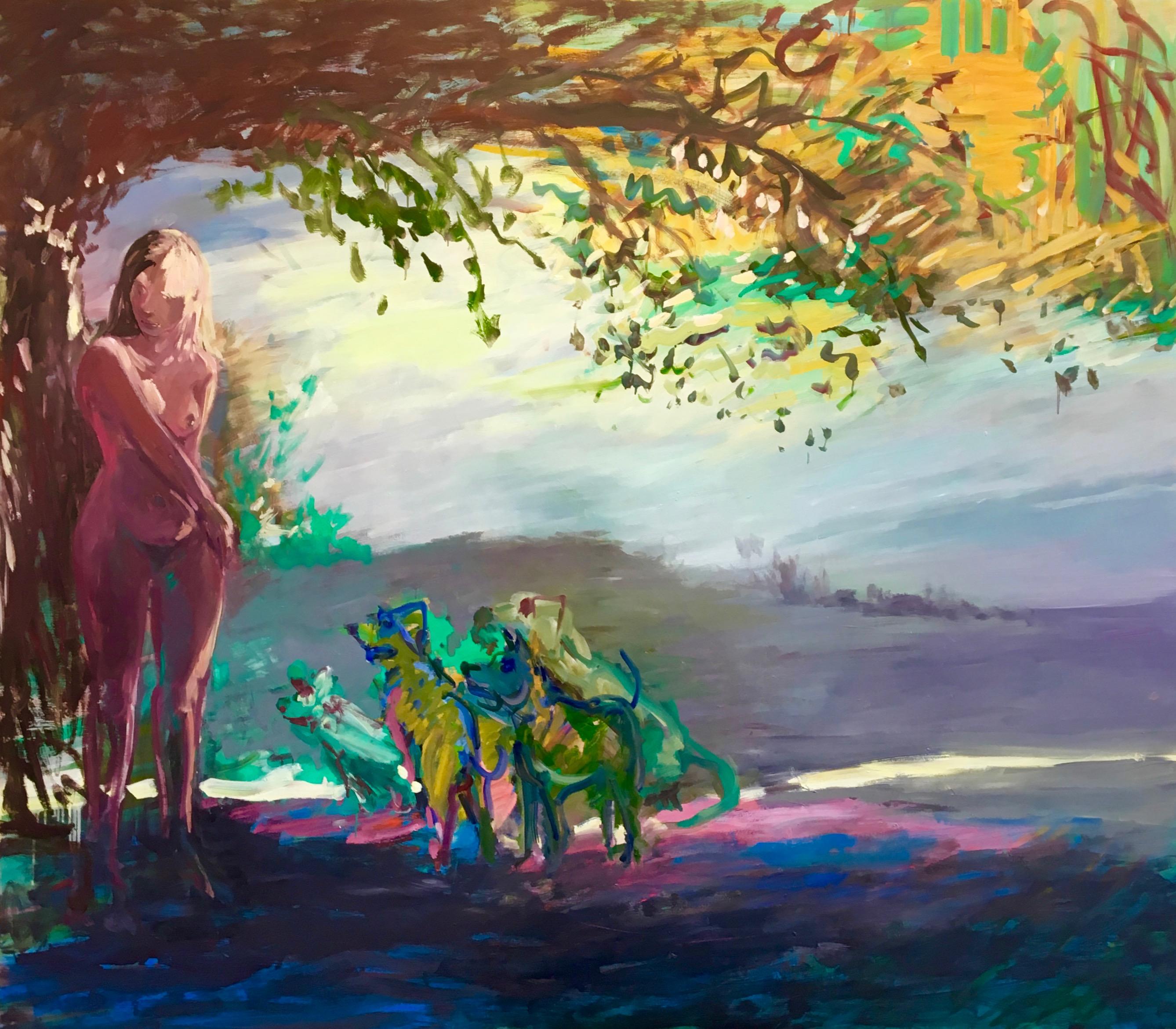 Deborah Brown Nude Painting - "Diana and Actaeon 3" Pastel palette, a nude woman and her dogs in a forest.
