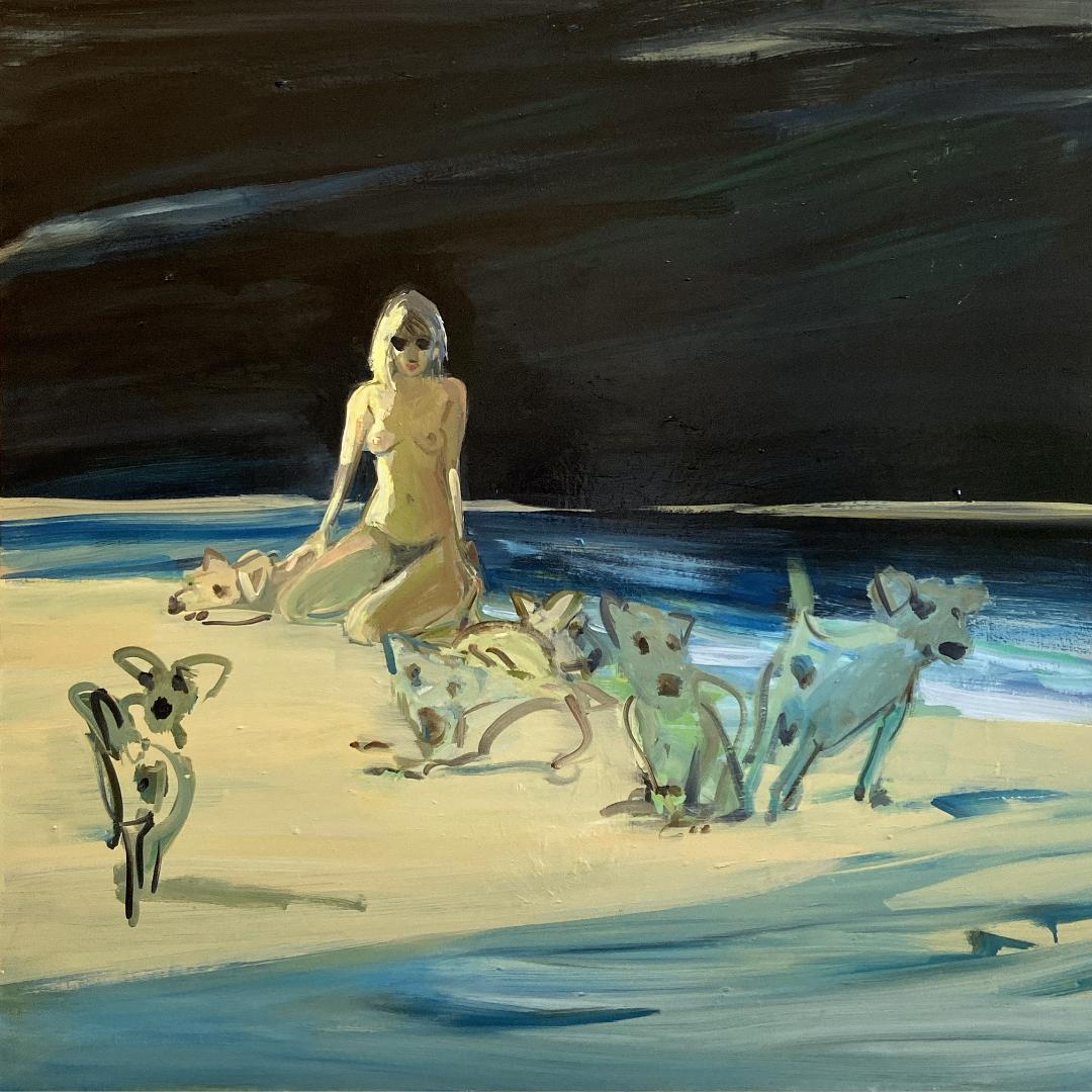 Deborah Brown Animal Painting - Incognito 2 - Nude female with dogs by the water, oil on canvas