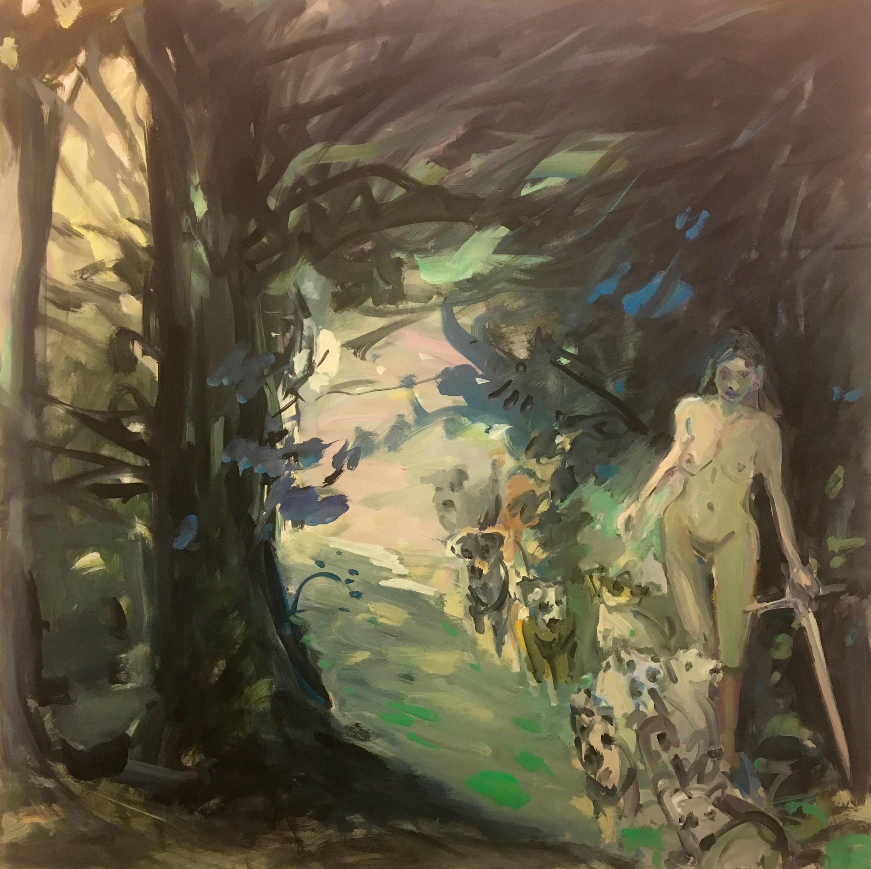 Deborah Brown Animal Painting - "Shaded" Female nude walking in a forest with dogs