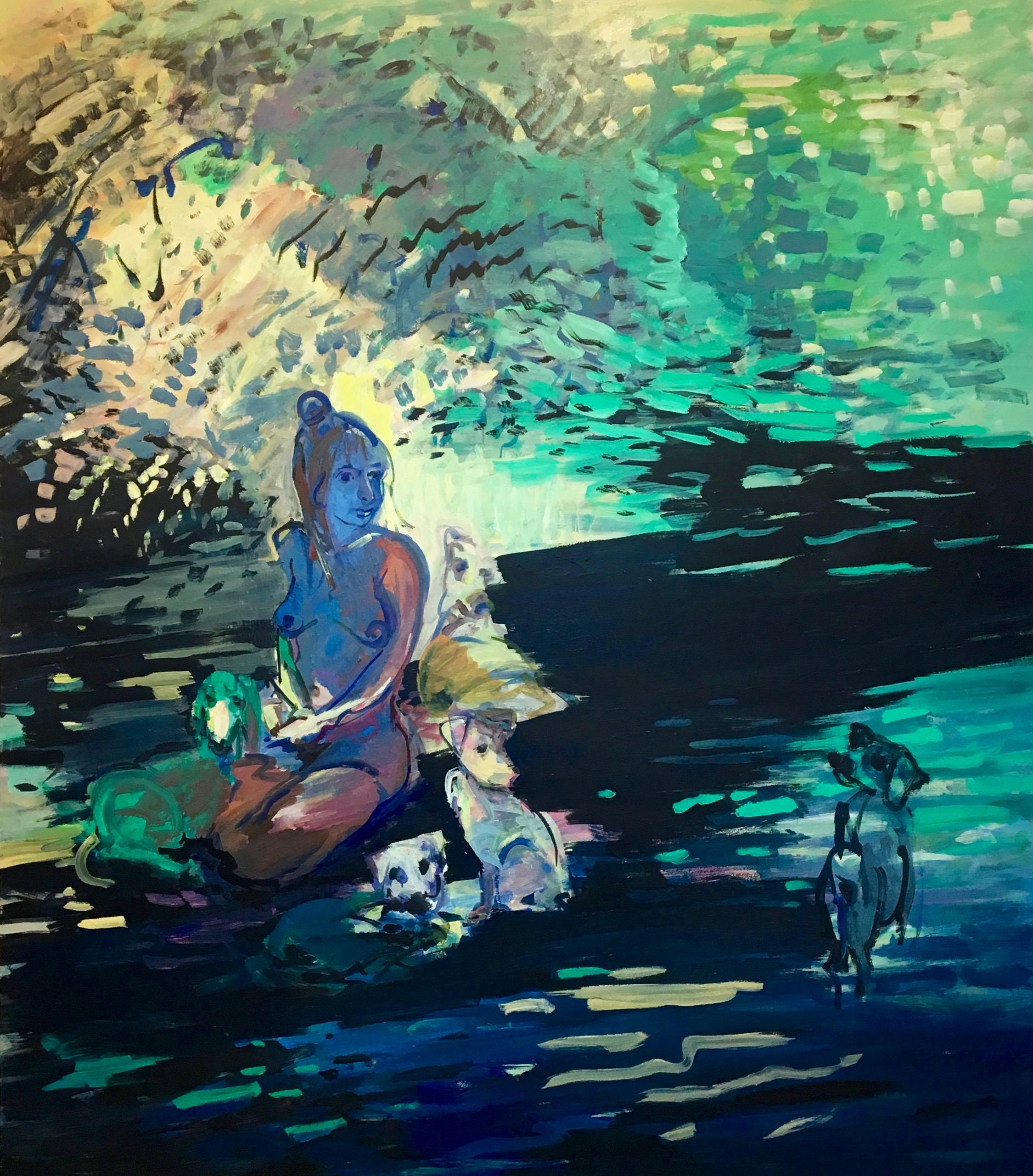 Deborah Brown Animal Painting - "Stream" -a bright figurative nude with dogs in landscape, oil on canvas
