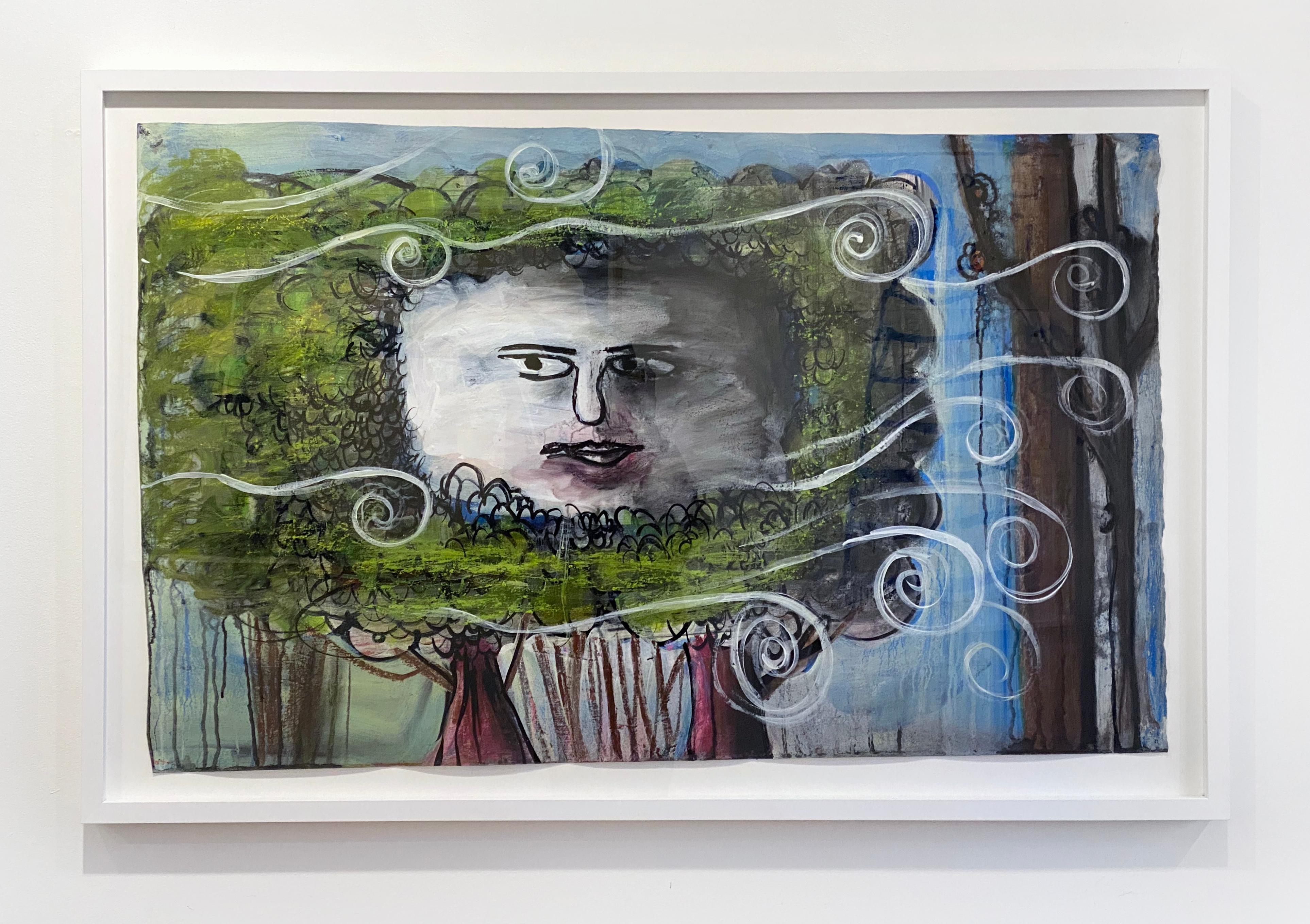 'The North Wind' 2021 by Deborah Buck. Acrylic, pastel, and ink on paper. 29 x 46 inches. This work features a surreal yet familair scene of a humpty dumpty-like face blowing through the composition of lush trees. Shades of blue, green, brown,