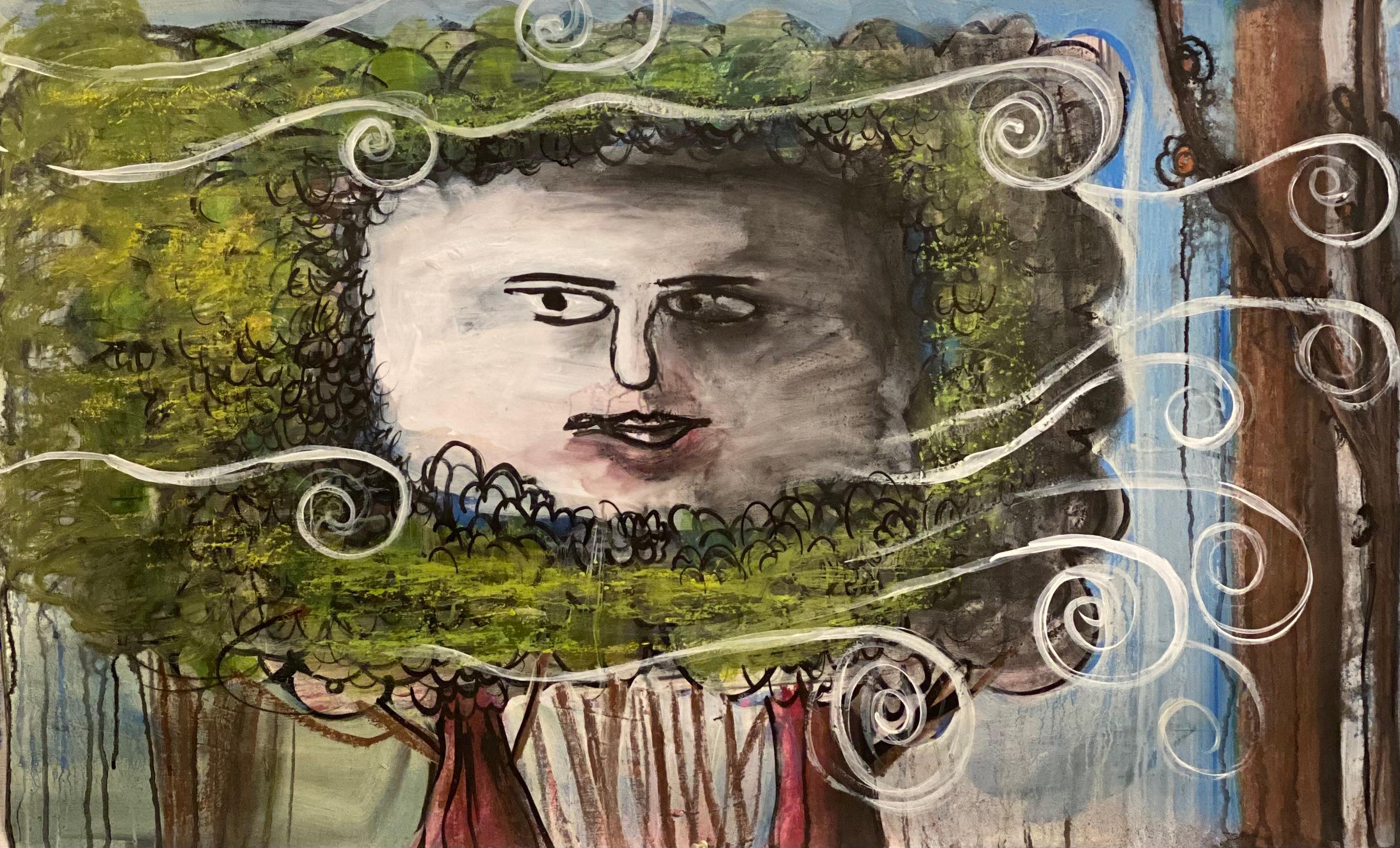 der Nordwind" 2021 von Deborah Buck. Acryl, Pastell und Tinte auf Papier. 29 x 46 Zoll. Dieses Werk zeigt eine surreale und doch vertraute Szene mit einem Humpty-Dumpty-ähnlichen Gesicht, das durch eine Komposition aus üppigen Bäumen weht. Das