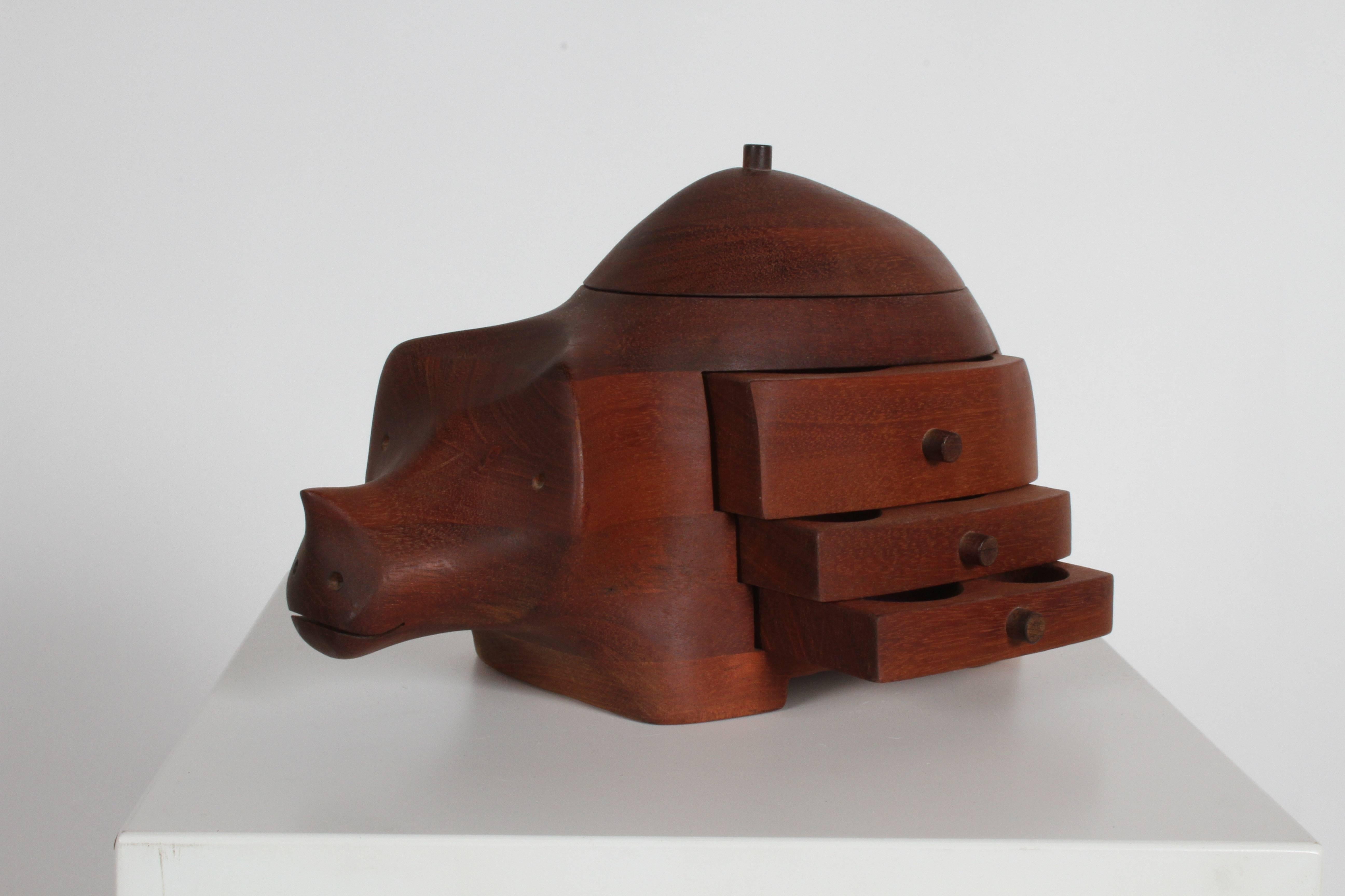 Mid-Century Modern artist Deborah D. Bump mahogany rhino jewelry or trinket box, signed Deborah D. Bump Maker 1978. This can ship UPS.
