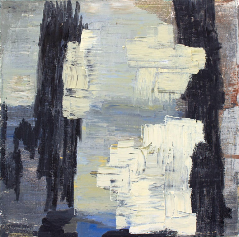Deborah Dancy
It's Now or Never, 2021
oil on canvas
22 x 22 in.
(dan005)

This original contemporary abstract painting by Deborah Dancy is comprised of hues of black, white, brown, blue and yellow in her signature built up/re-built space that as she