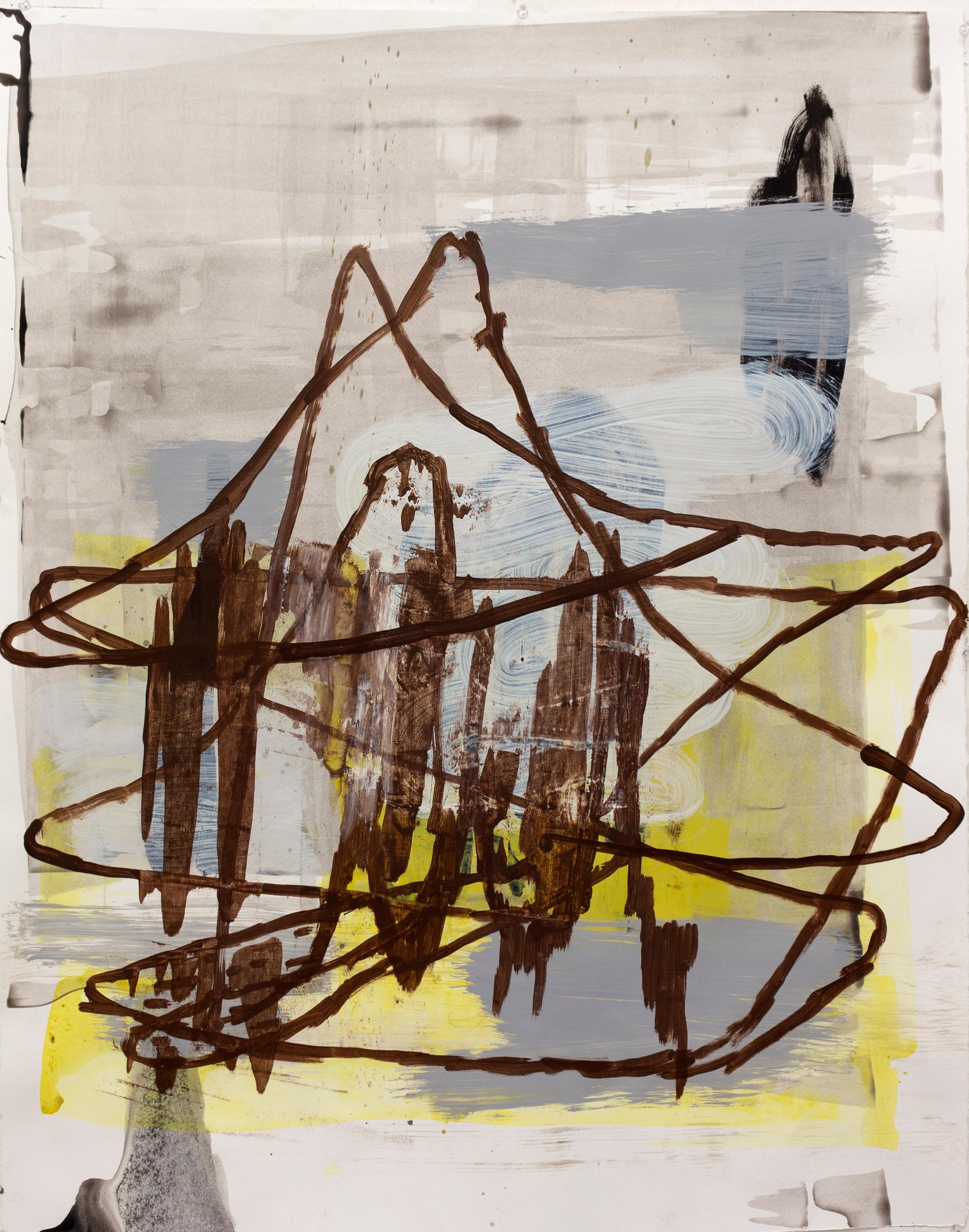 Deborah Dancy
State of Being 17, 2021
acrylic on paper
38 x 30 in.
(dan039)

This original contemporary abstract work on paper by Deborah Dancy is comprised of grey, brown, white, blue, yellow, and black hues, in her signature built up/re-built