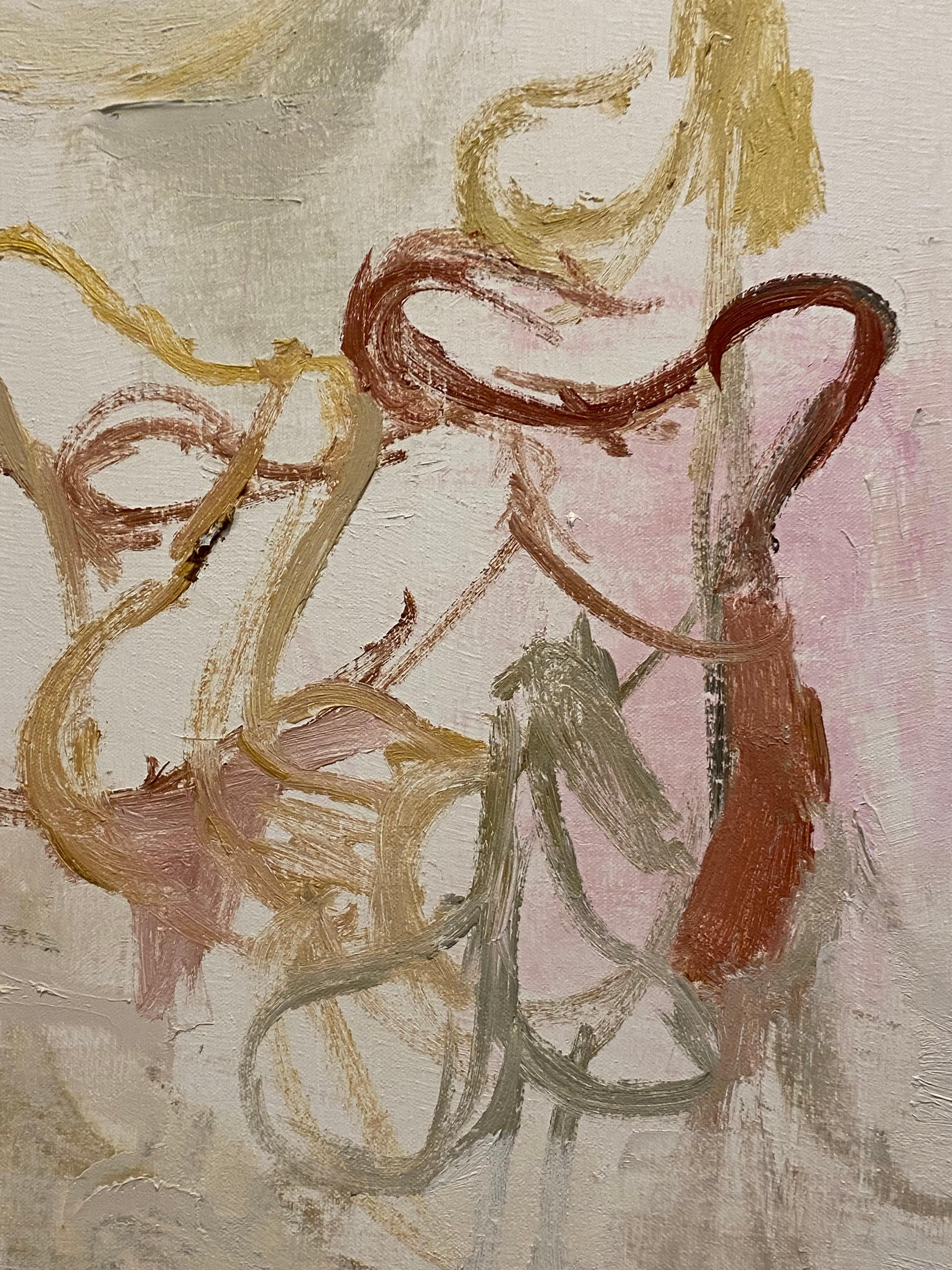 A beautiful abstract oil painting by artist Deborah Dancy (otherwise known as Deborah Muirhead) in a subtle palette of pearl white overlaid in translucent and muted hues of pink, yellow, grey-green, and blue. Dancy's fluid and winding gestural