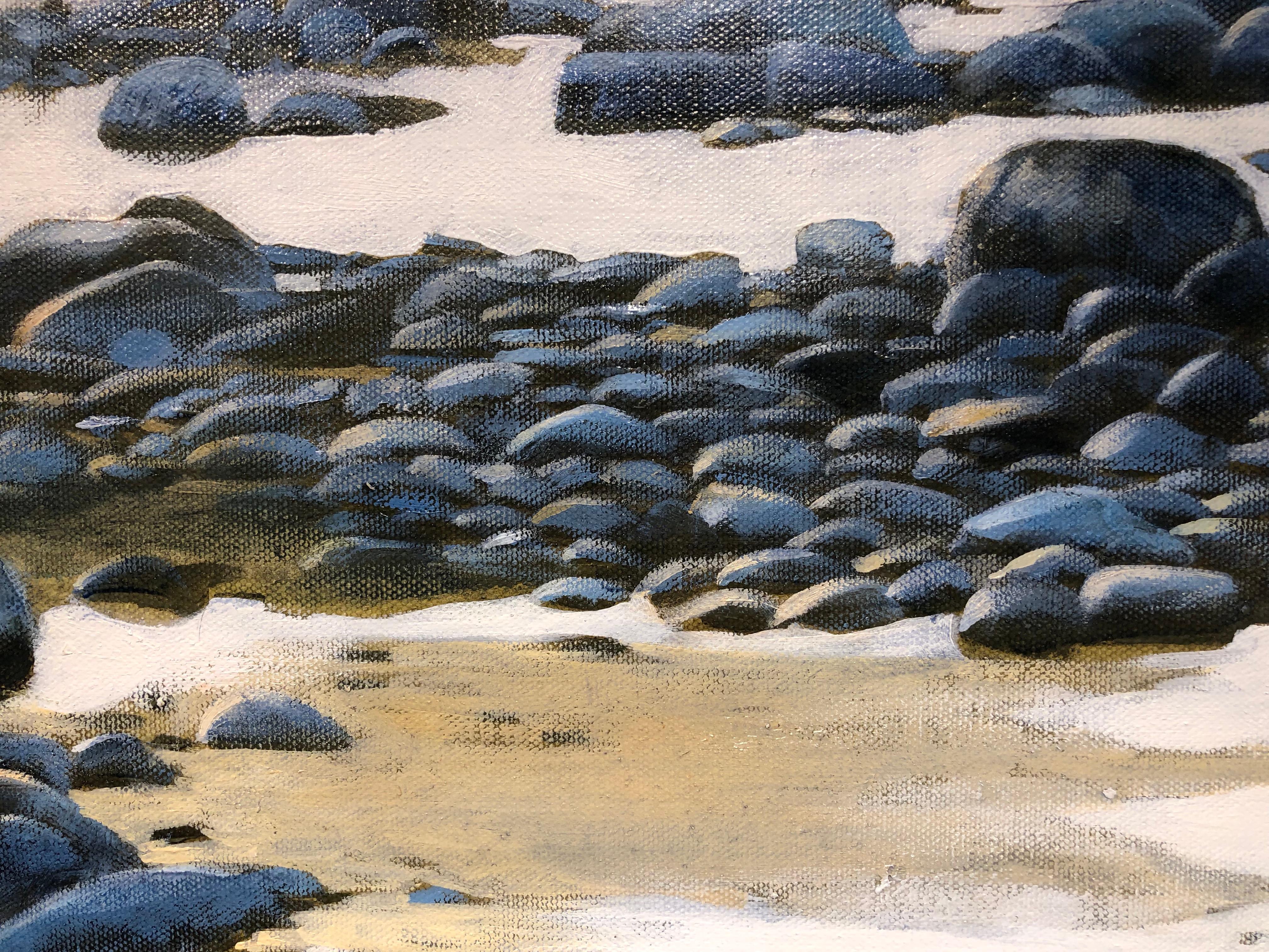 Going Blue - Original Oil on Canvas Painting with Water and Stones at the Shore - Gray Landscape Painting by Deborah Ebbers