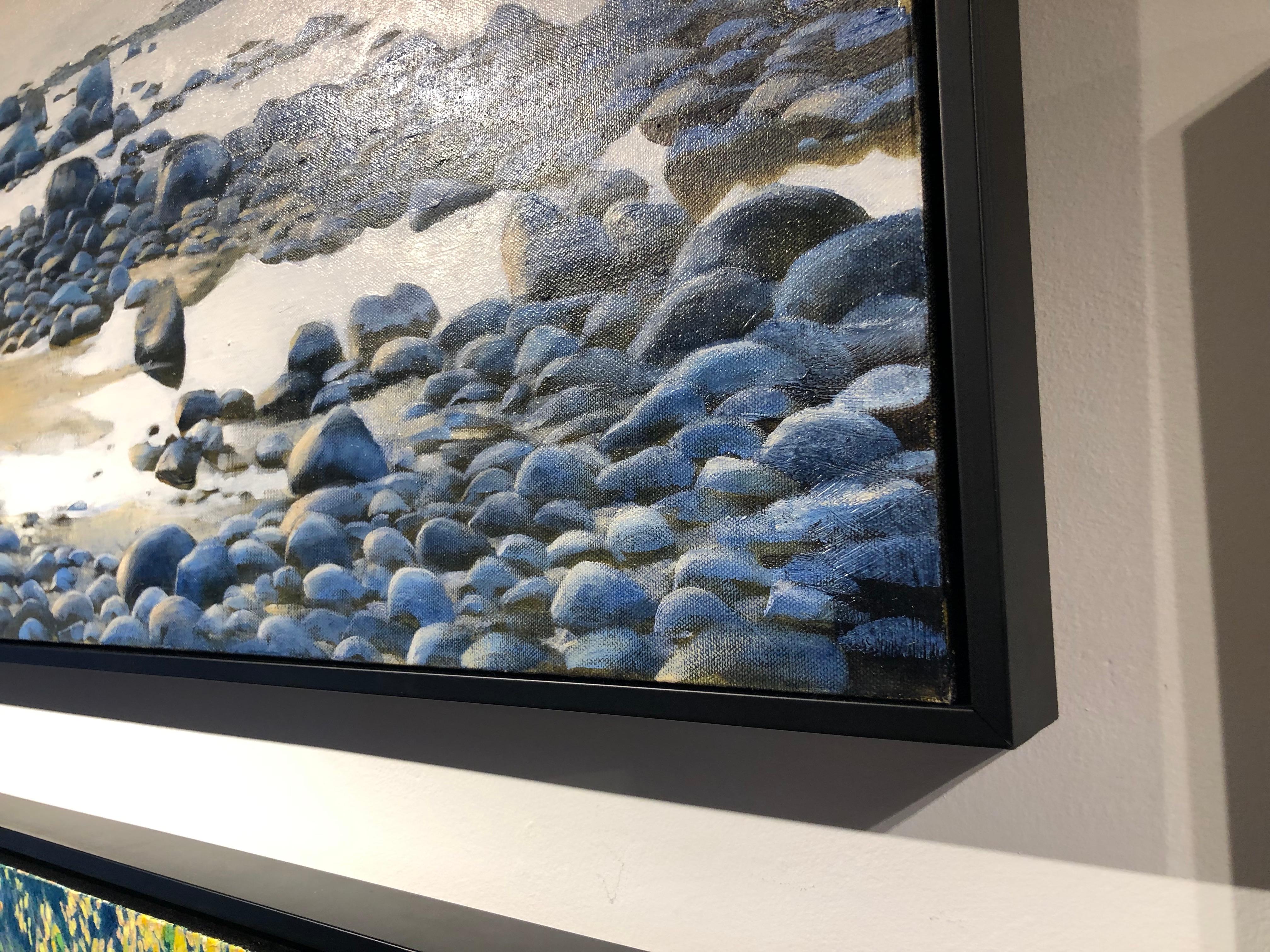 Going Blue - Original Oil on Canvas Painting with Water and Stones at the Shore 1