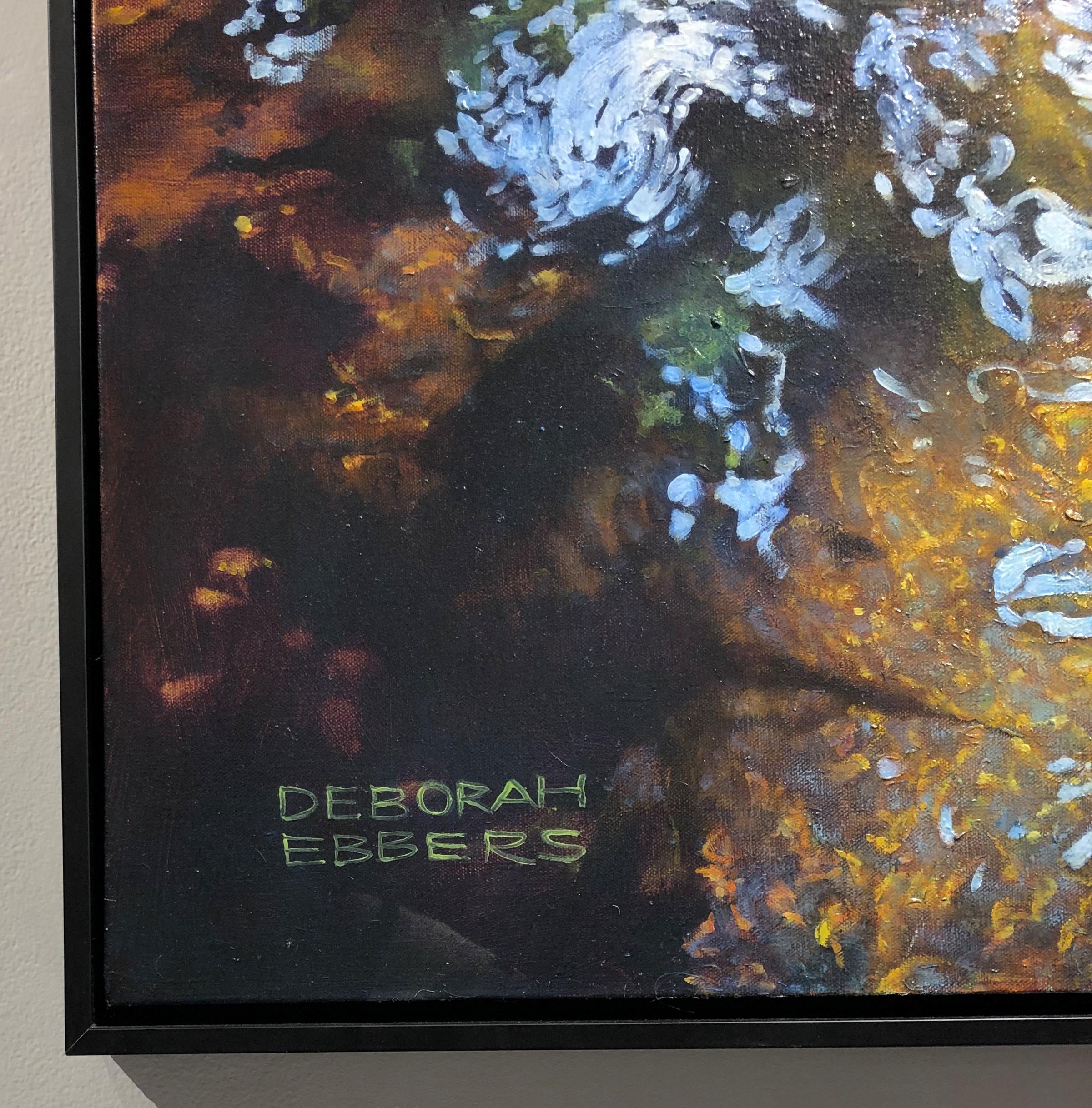 Light Play - Oil on Canvas Painting of Water and Trees with Reflecting Light - Black Landscape Painting by Deborah Ebbers