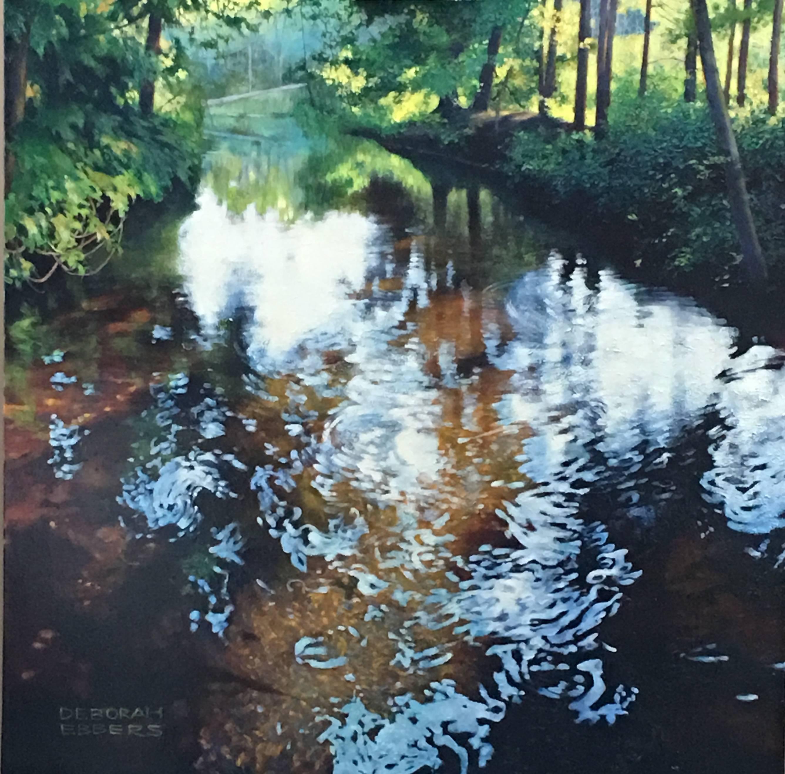Deborah Ebbers Landscape Painting - Light Play - Oil on Canvas Painting of Water and Trees with Reflecting Light