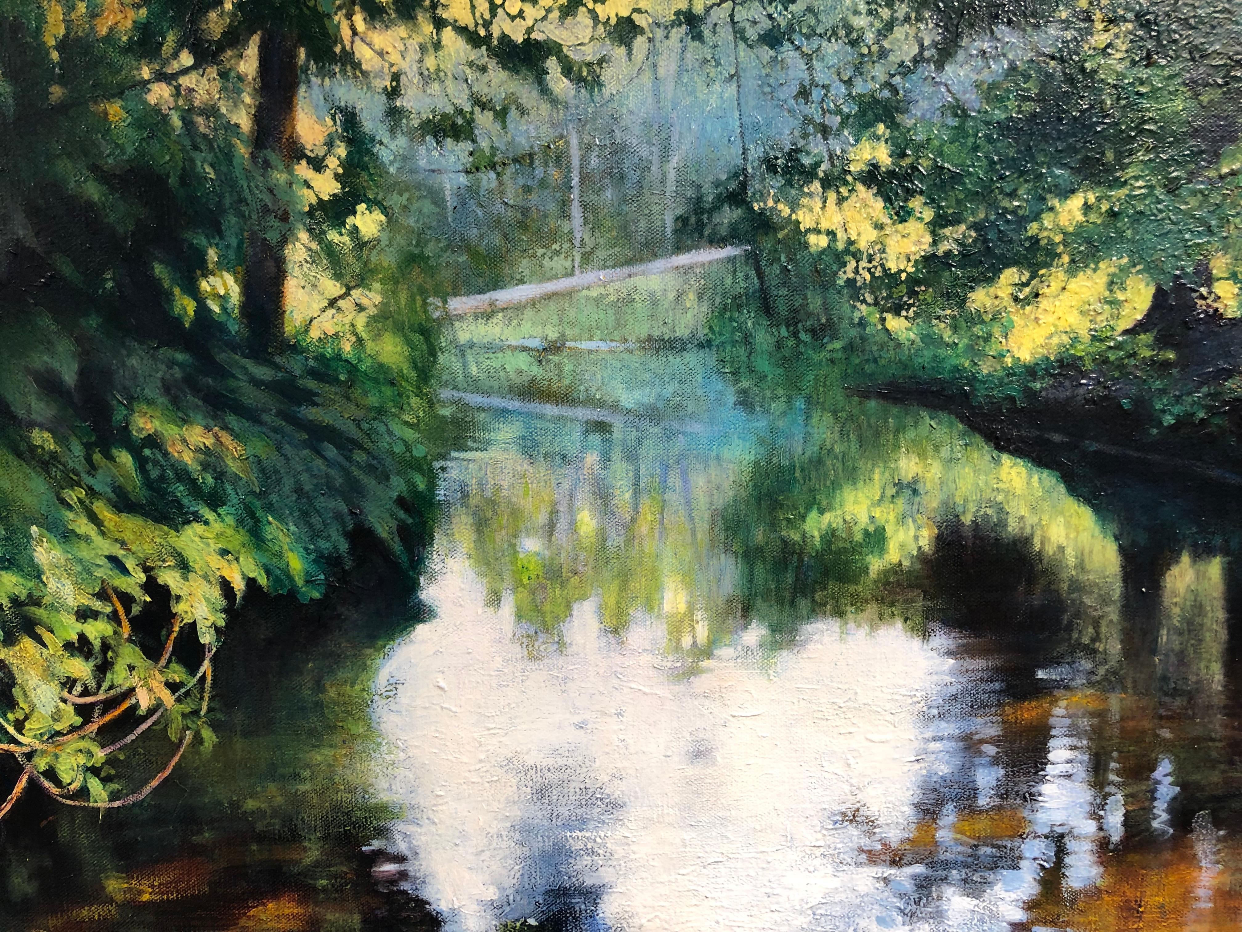 Light Play - Oil on Canvas Painting of Water and Trees with Reflecting Light 5
