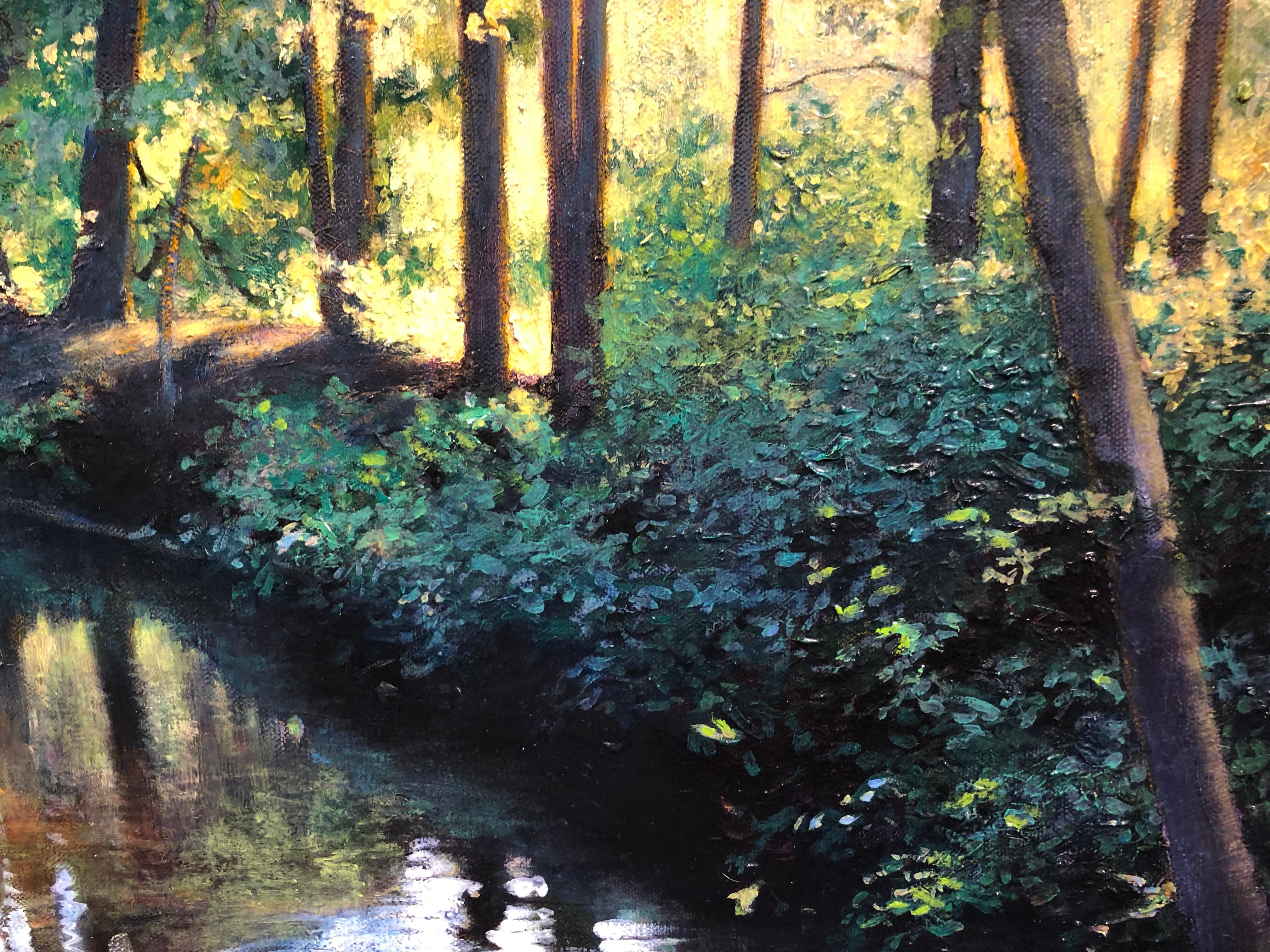 Light Play - Oil on Canvas Painting of Water and Trees with Reflecting Light 4
