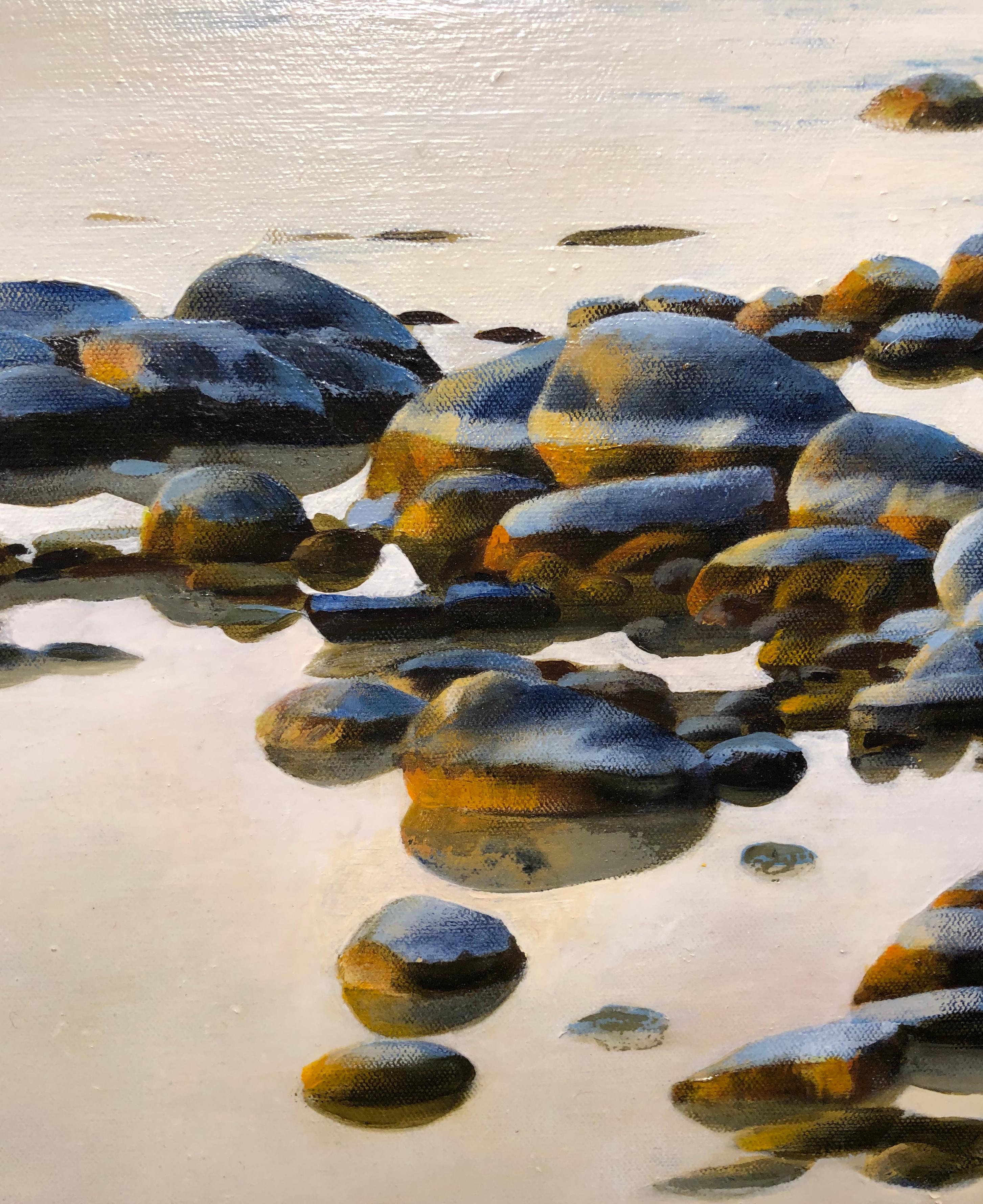 Song of Stones, Rocky Beach of Northern Michigan, Original Oil on Canvas - Gray Landscape Painting by Deborah Ebbers