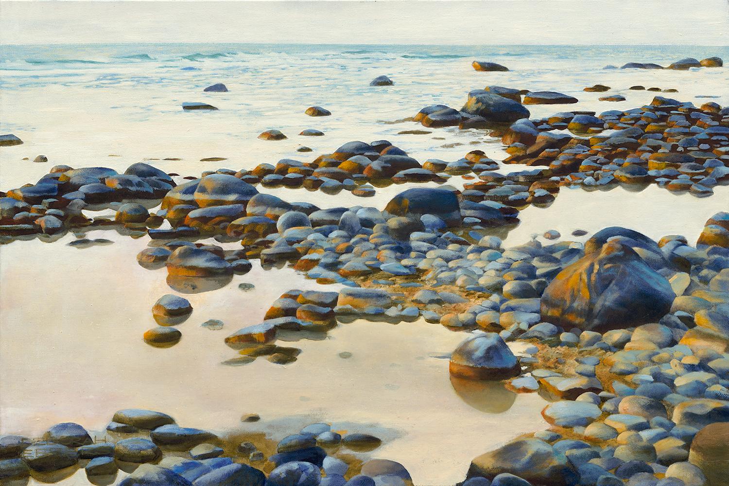 Deborah Ebbers Landscape Painting - Song of Stones, Rocky Beach of Northern Michigan, Original Oil on Canvas
