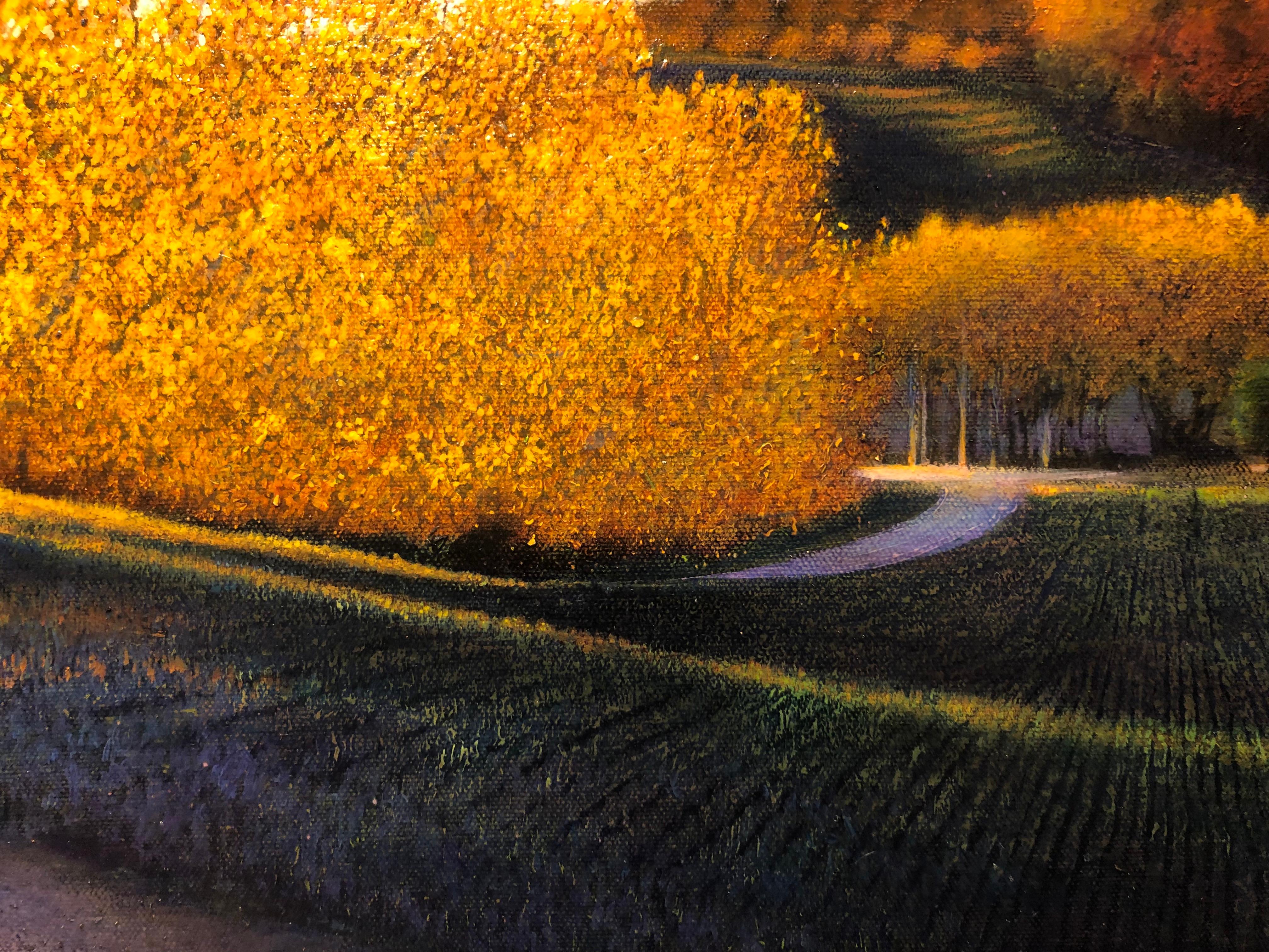 The Color of Home, Original Oil Painting, Glowing Autumn Foliage on Country Road 9
