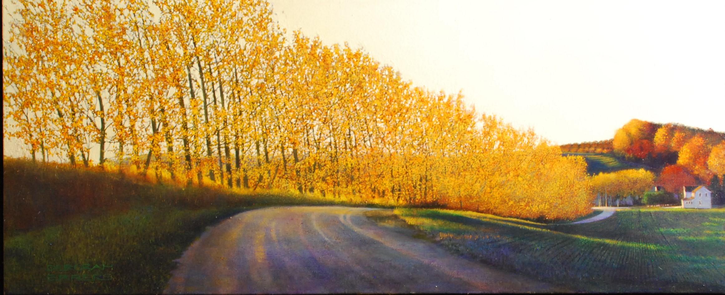 Deborah Ebbers Landscape Painting - The Color of Home, Original Oil Painting, Glowing Autumn Foliage on Country Road