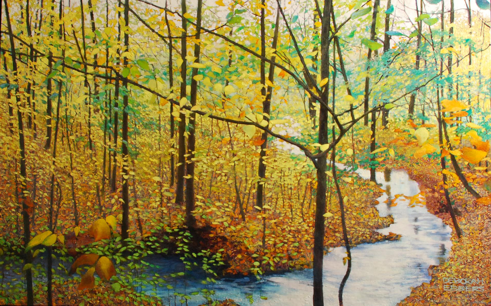 Deborah Ebbers Landscape Painting - The Turning - Original Oil Painting of Stream and Trees with Leaf Covered Forest