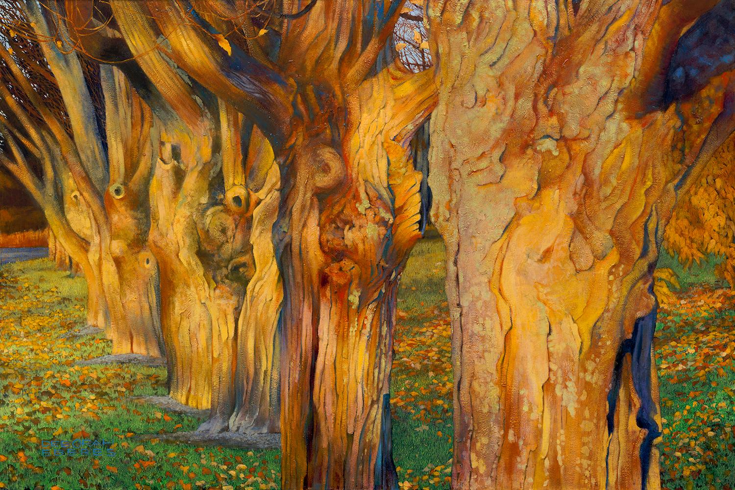 Deborah Ebbers Landscape Painting - Witness Trees, Sugar Maples Bathed in Afternoon Light, Original Oil On Canvas