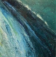 A Better World 1, teal and blue oil painting of ocean waves, abstract water